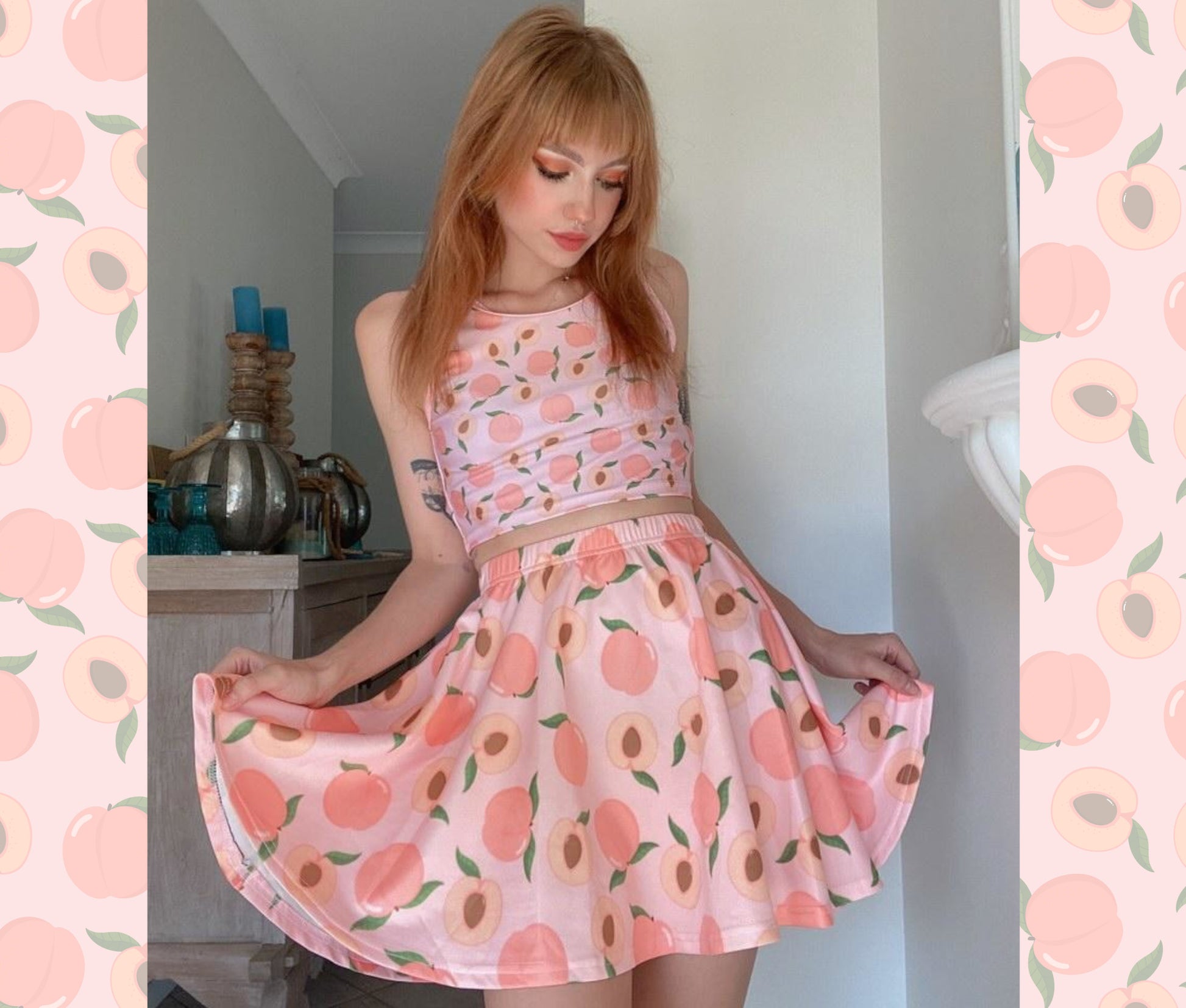 Young girl wearing a pastel kawaii skirt  and crop top with a cute print