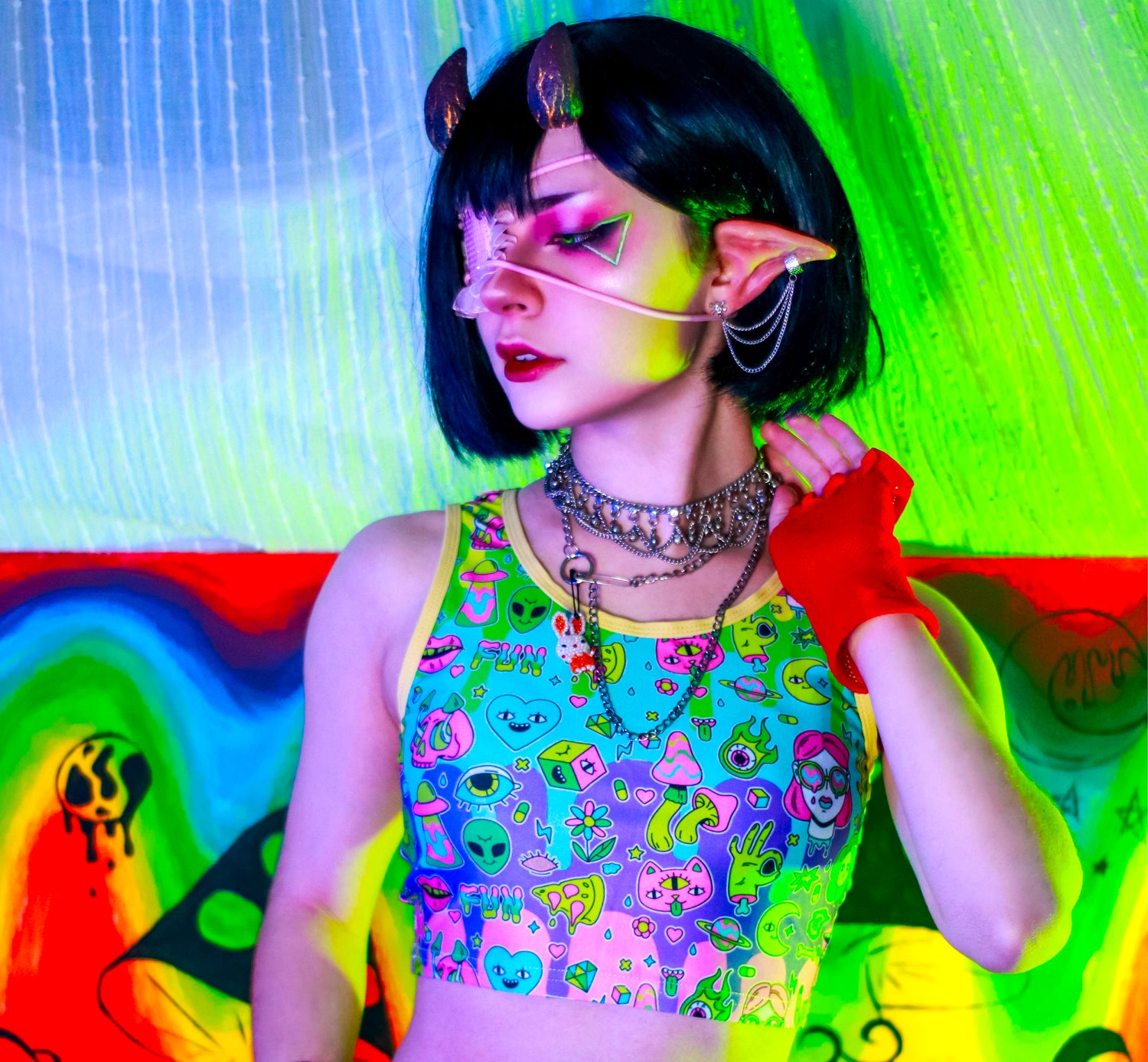 Model dressed in colorful Decora Kei and Kidcore fashion with vibrant colours