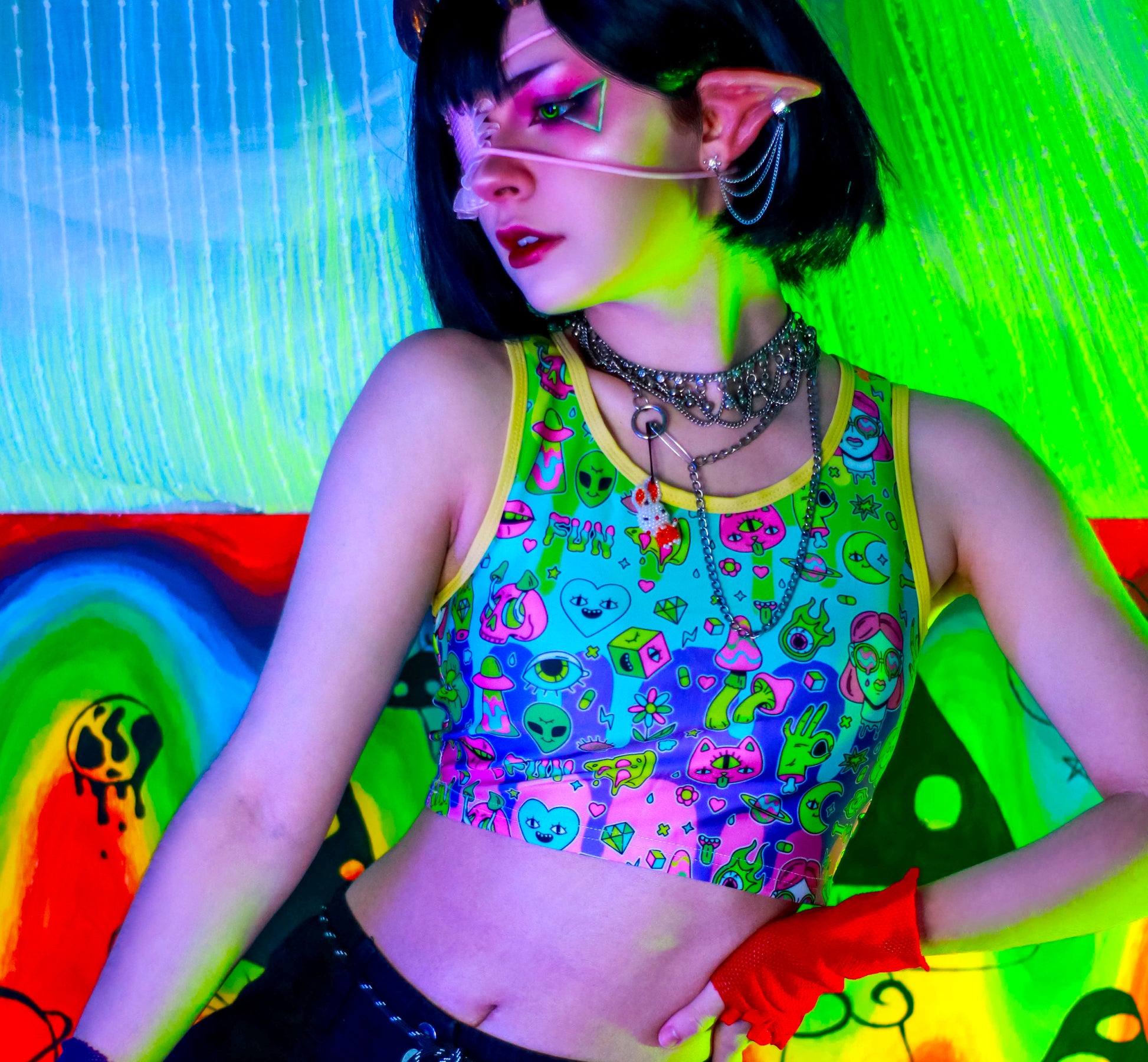 Model dressed in colorful Decora Kei and Kidcore fashion with vibrant colours