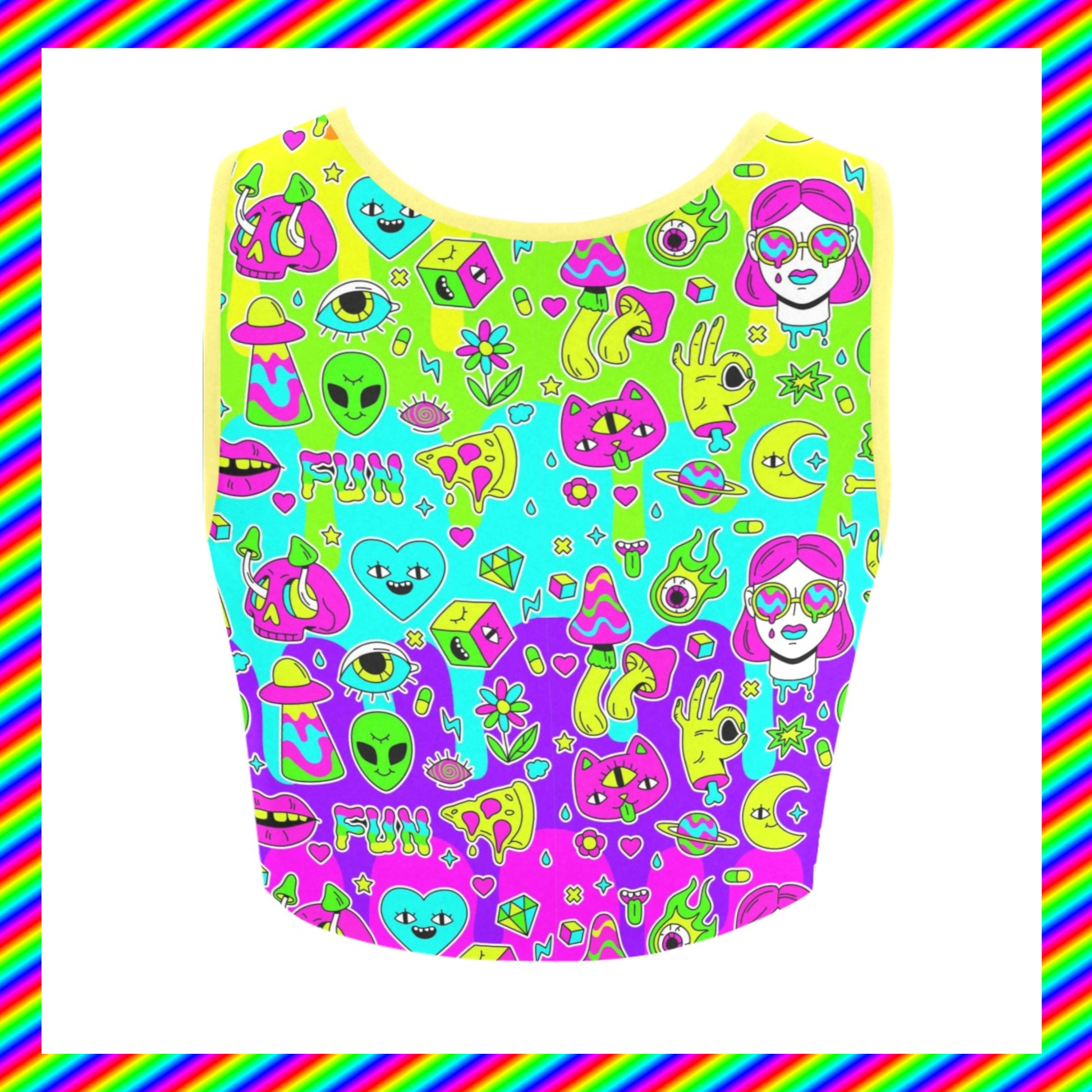 Yume Kawaii Rainbowcore trippy rave croptop decora kei displayed on a white background