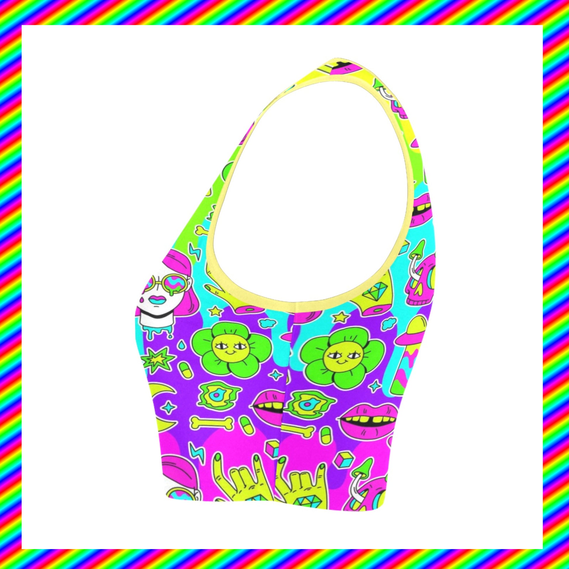 Yume Kawaii Rainbowcore trippy rave croptop decora kei displayed on a white background