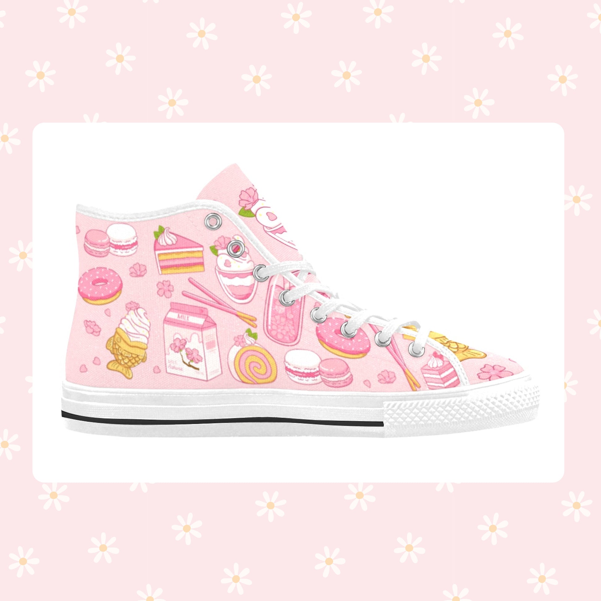 Close-up of cute pastel-colored shoes with decorative elements, displayed on a smooth white surface