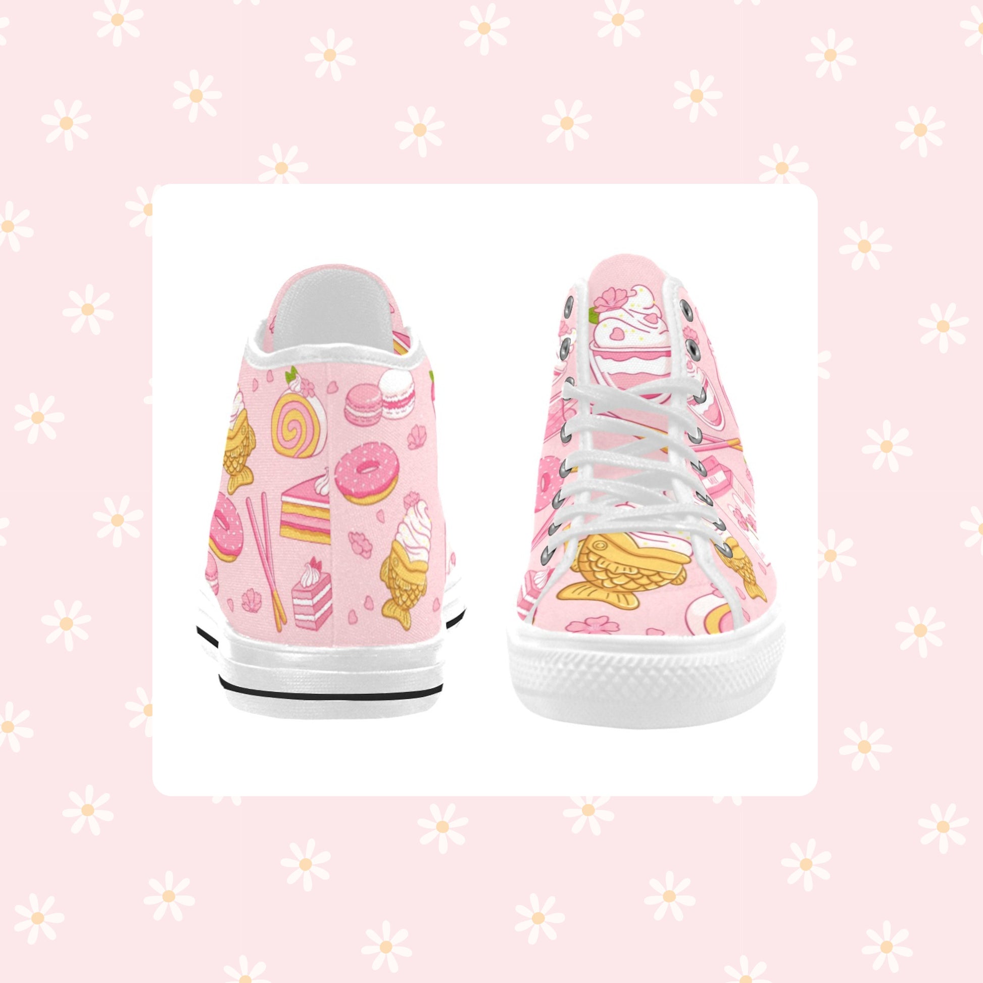 Close-up of cute pastel-colored shoes with decorative elements, displayed on a smooth white surface
