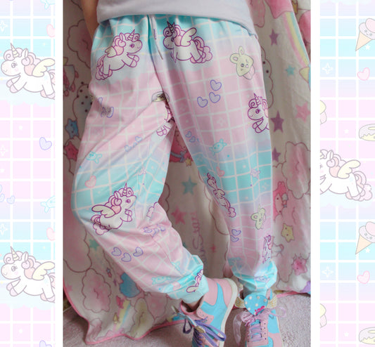 model wearing  Yume Kawaii Unicorn Jogger Pants Fairy Kei jogger pants