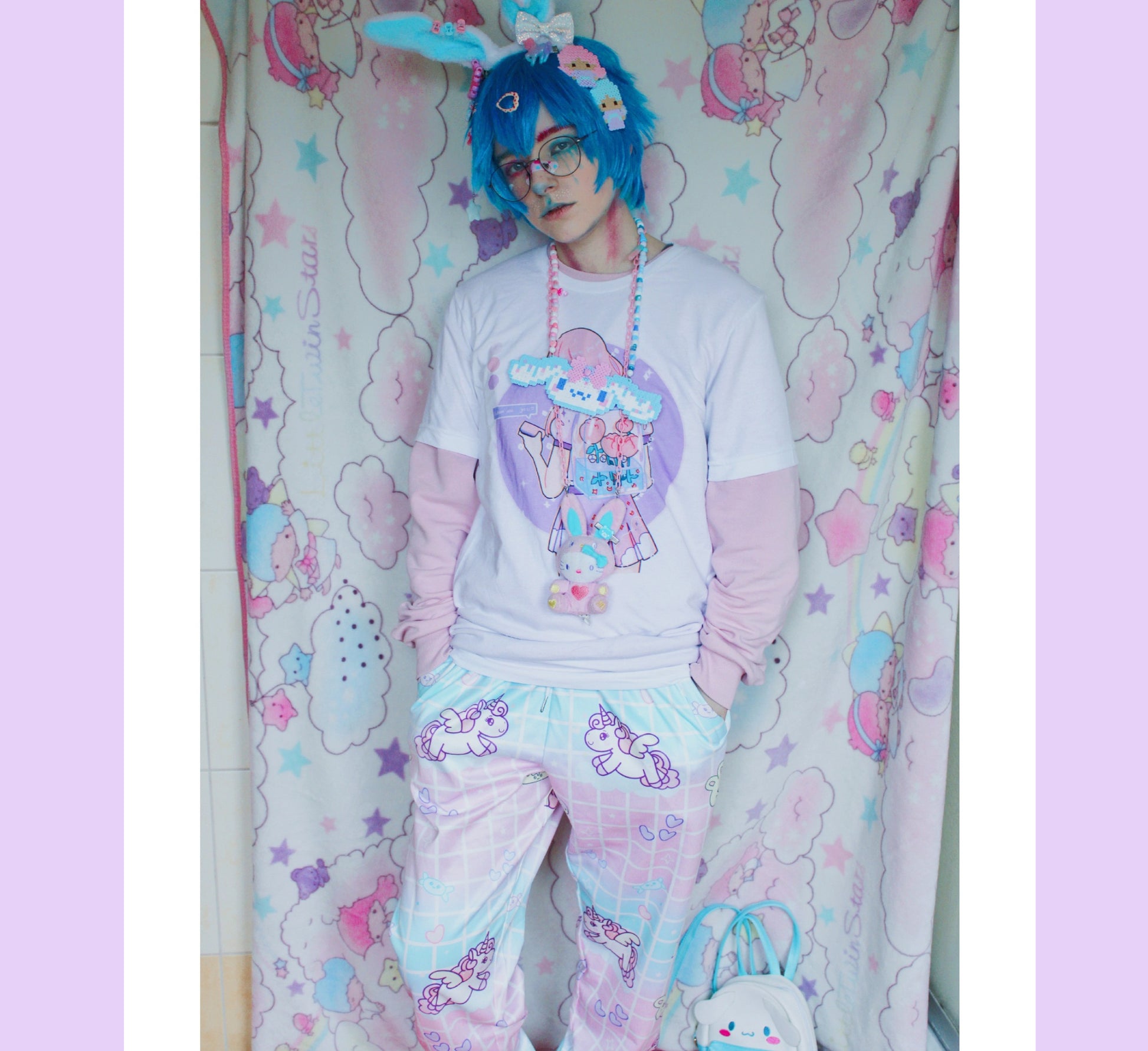 model wearing  Yume Kawaii Unicorn Jogger Pants Fairy Kei jogger pants