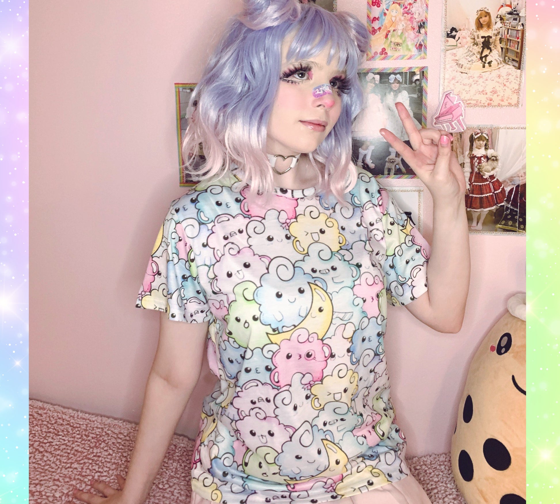 Youthful model wearing a cute kawaii t-shirt with pastel colours
