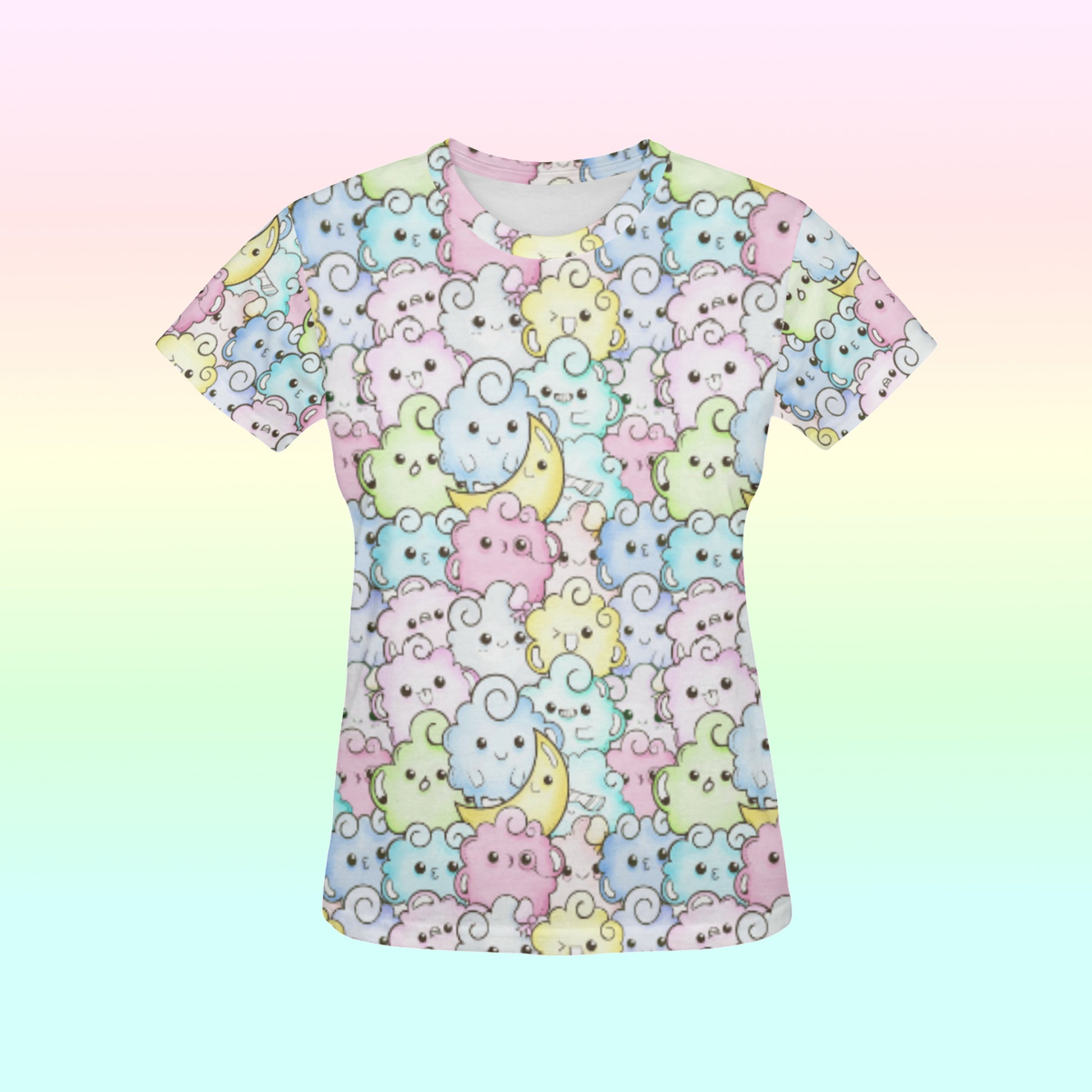 multicolour pastel kawaii t-shirt displayed on pink background.

