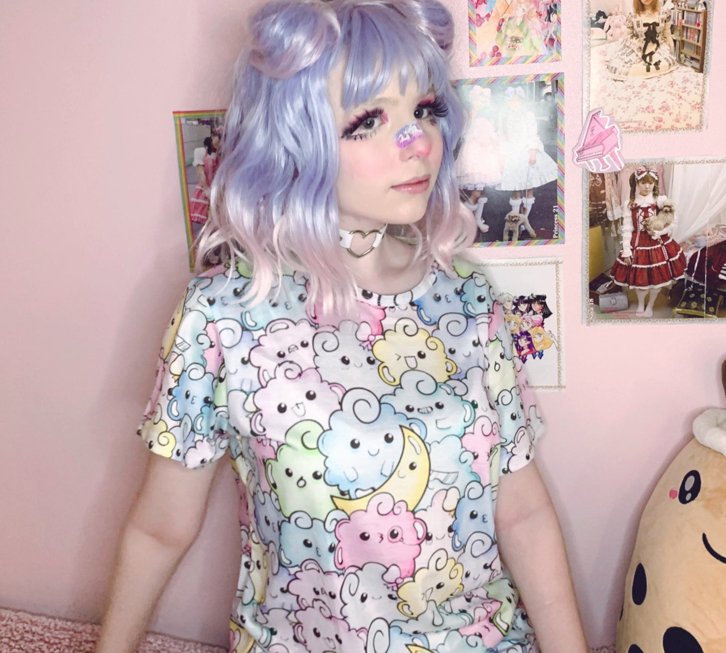 Youthful model wearing a cute kawaii t-shirt with pastel colours