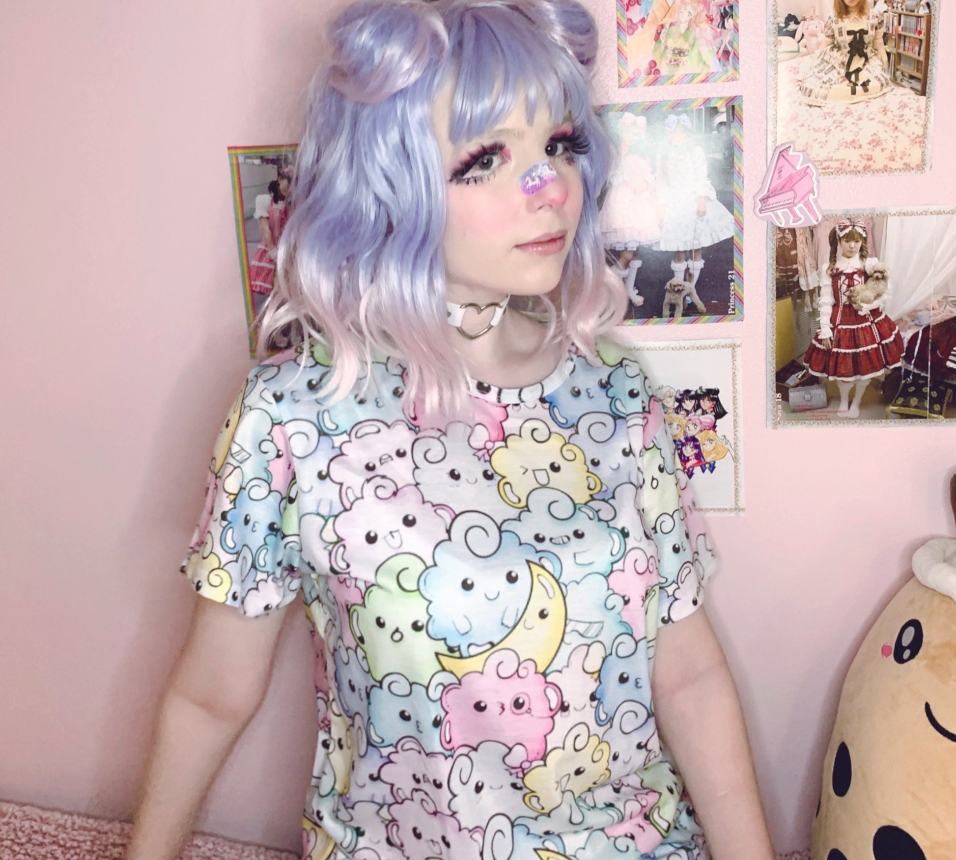 Youthful model wearing a cute kawaii t-shirt with pastel colours