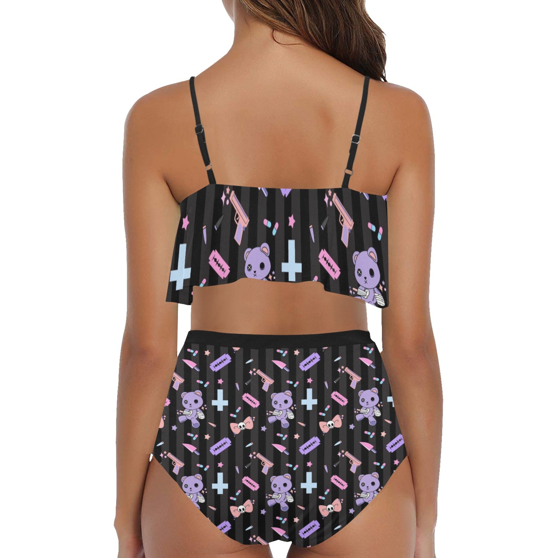 Model wearing a Yume Kawaii sick founce High Waisted Flounce Bikini Set on clean background