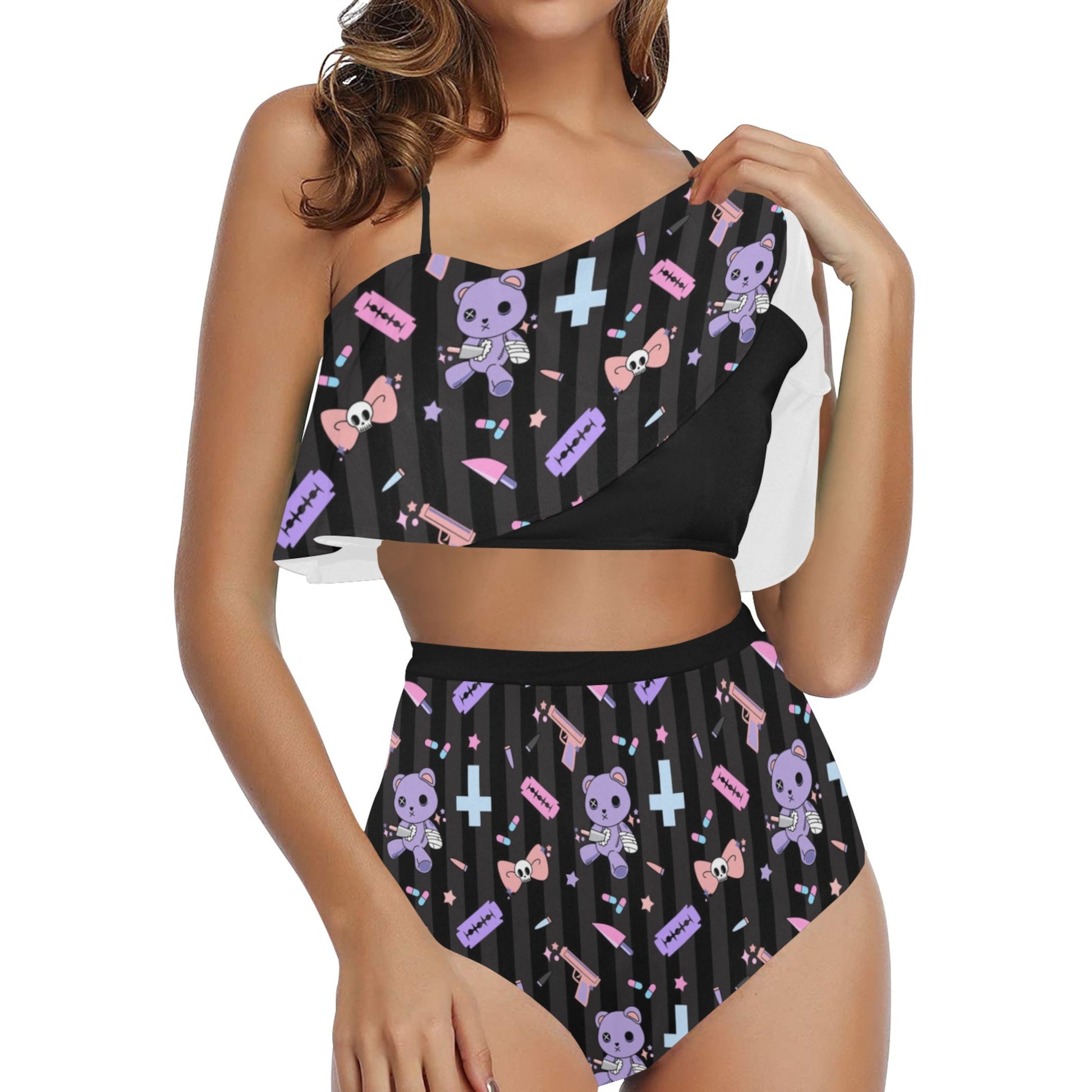 Model wearing a Yume Kawaii sick founce High Waisted Flounce Bikini Set on clean background