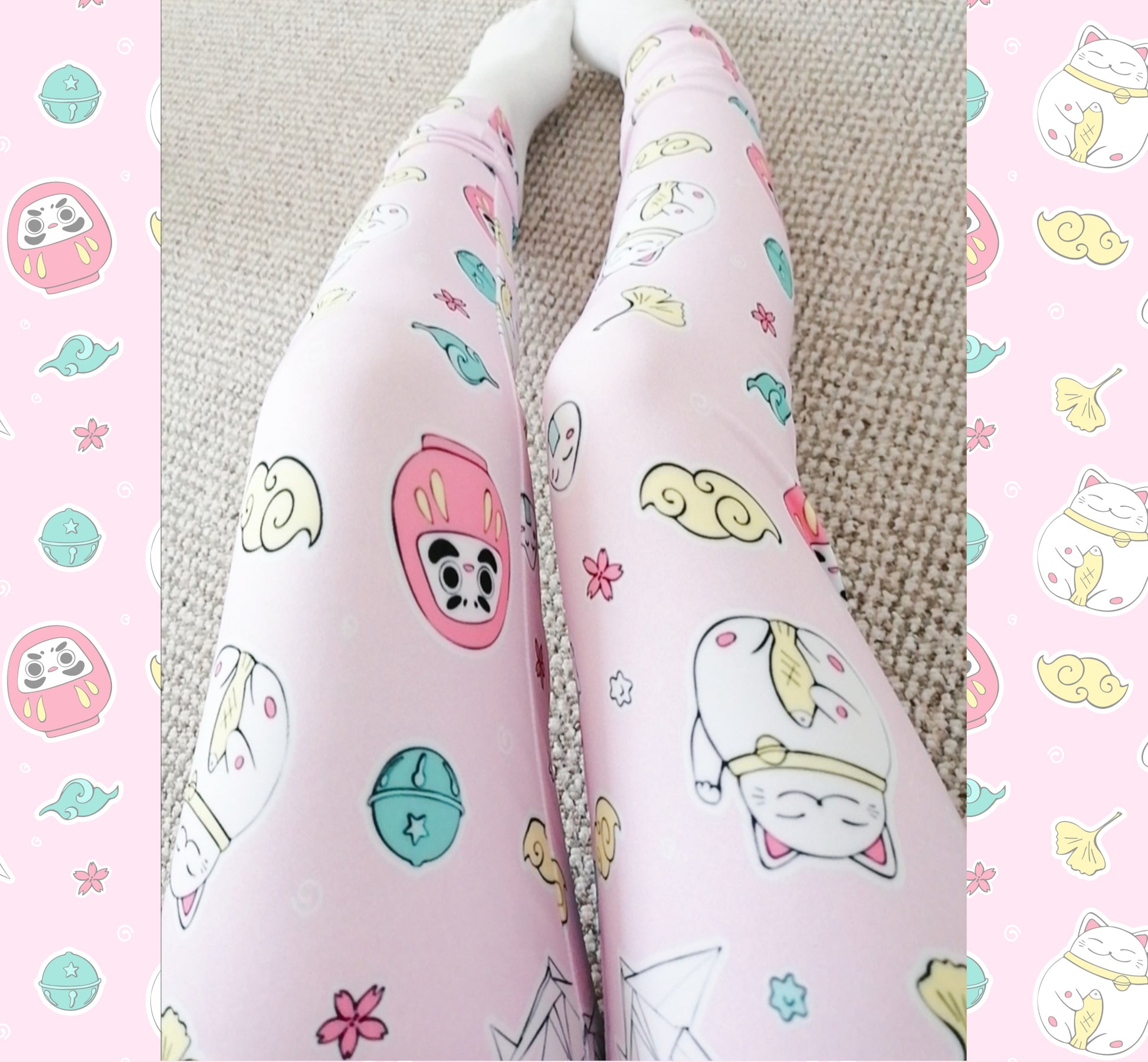 Model wearing a pastel kawaii leggings with a cute print