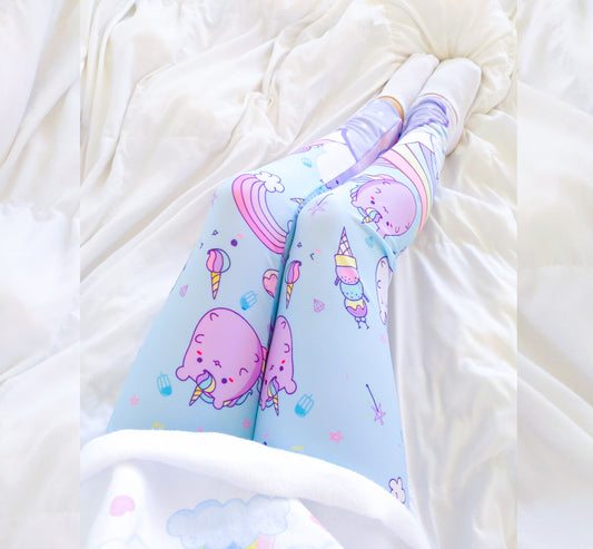 Youthful model wearing  cute yume kawaii rainbow cloud cat leggings