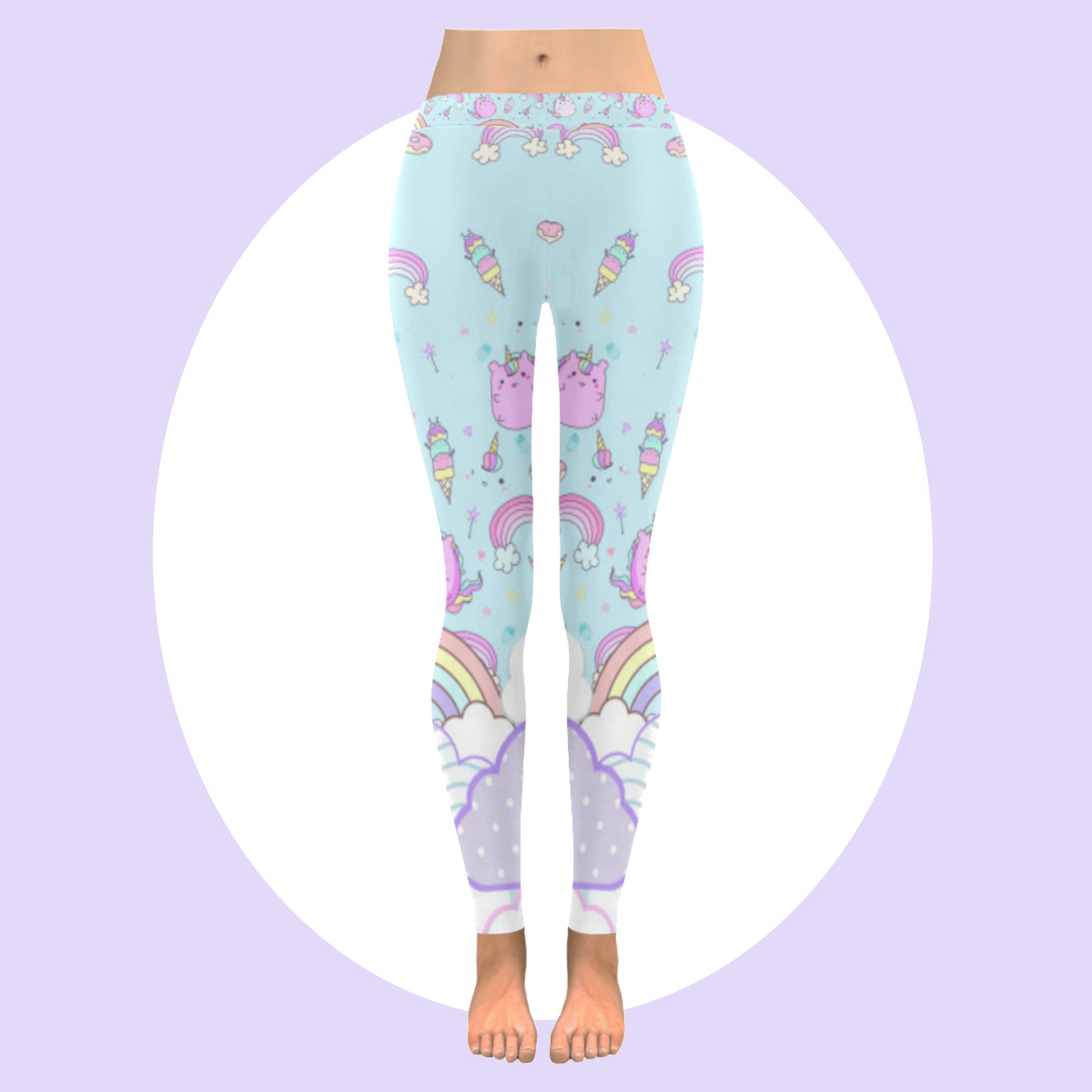 Yume kawaii rainbow cloud cat leggings displayed on a white background