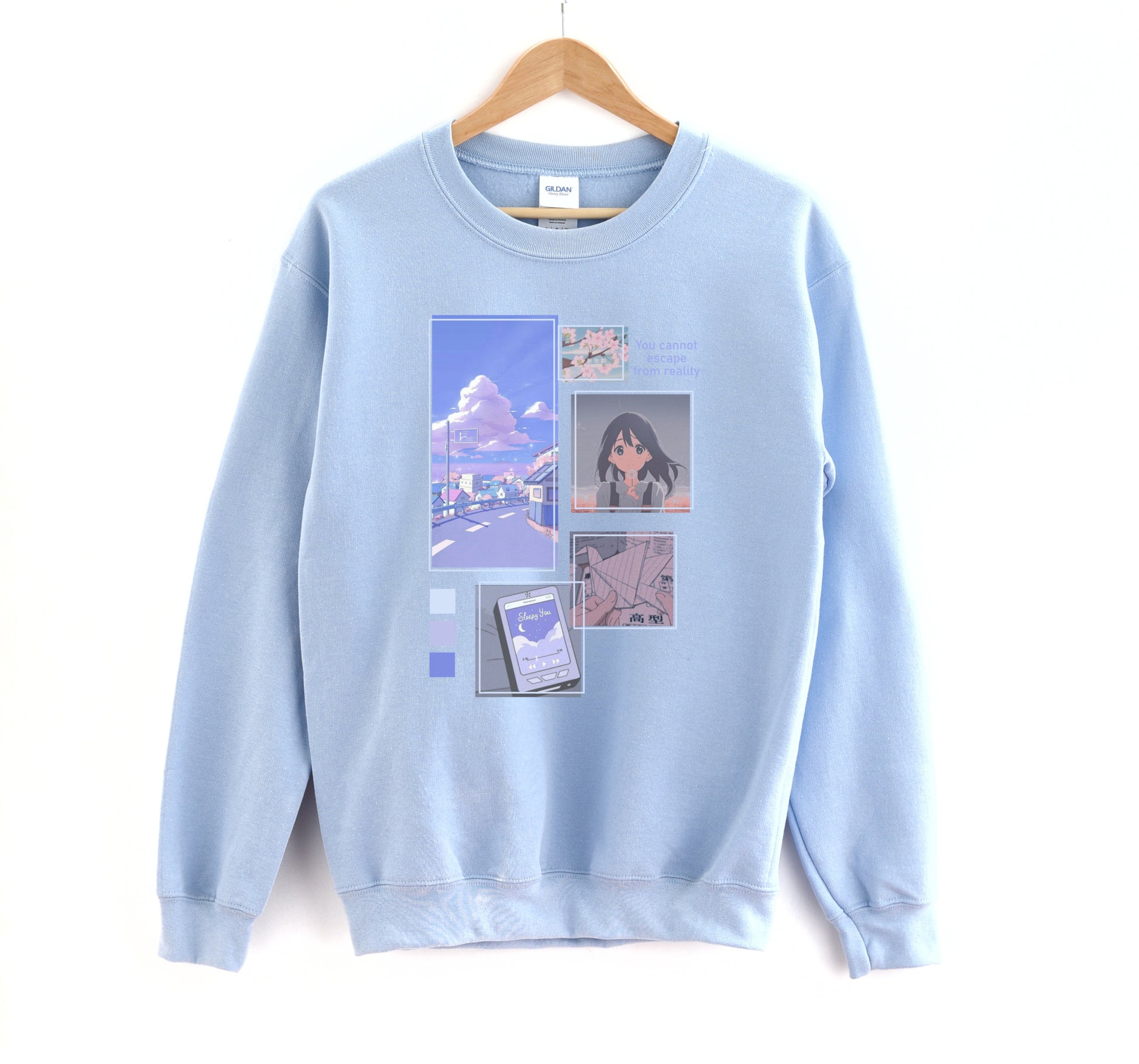 Blue  kawaii sweat shirt displayed on clean white background.