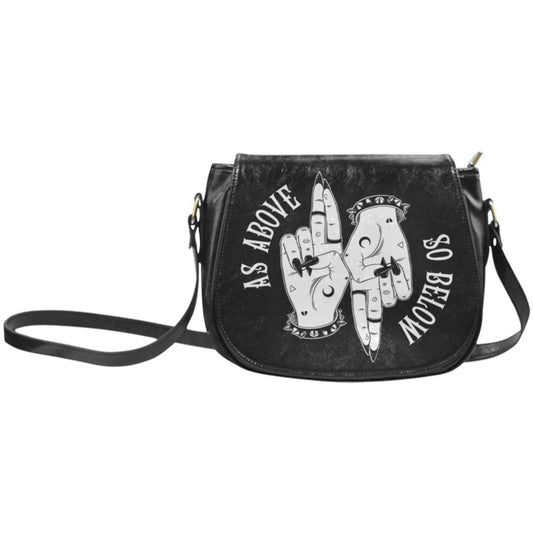 Black Gothic handbag with white text as above so below and designs on a white background