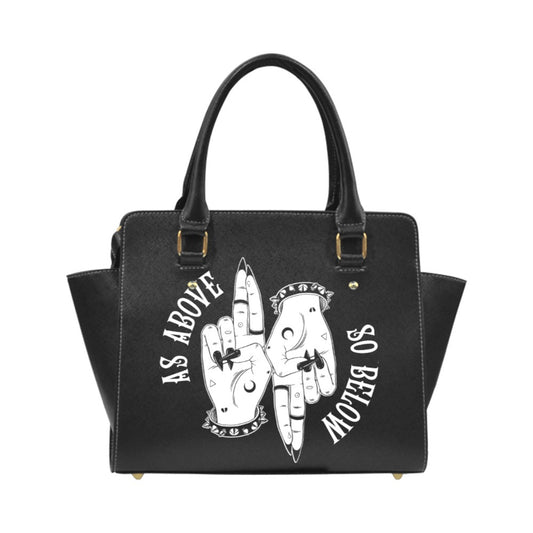 Black gothic handbag with white graphic design and text as above so below on a white background