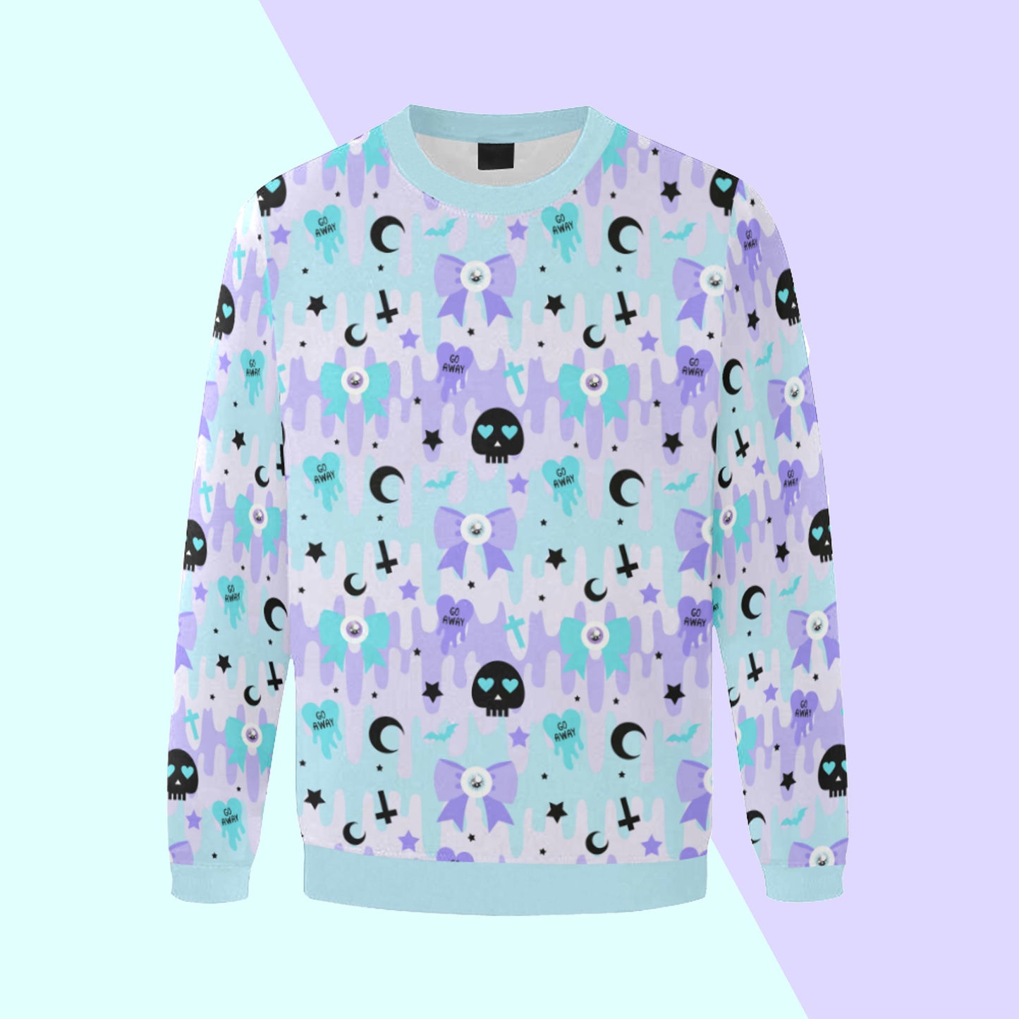 pastel goth blue kawaii oversized sweatshirt with cute creepy skull bow design displayed on pastel background.