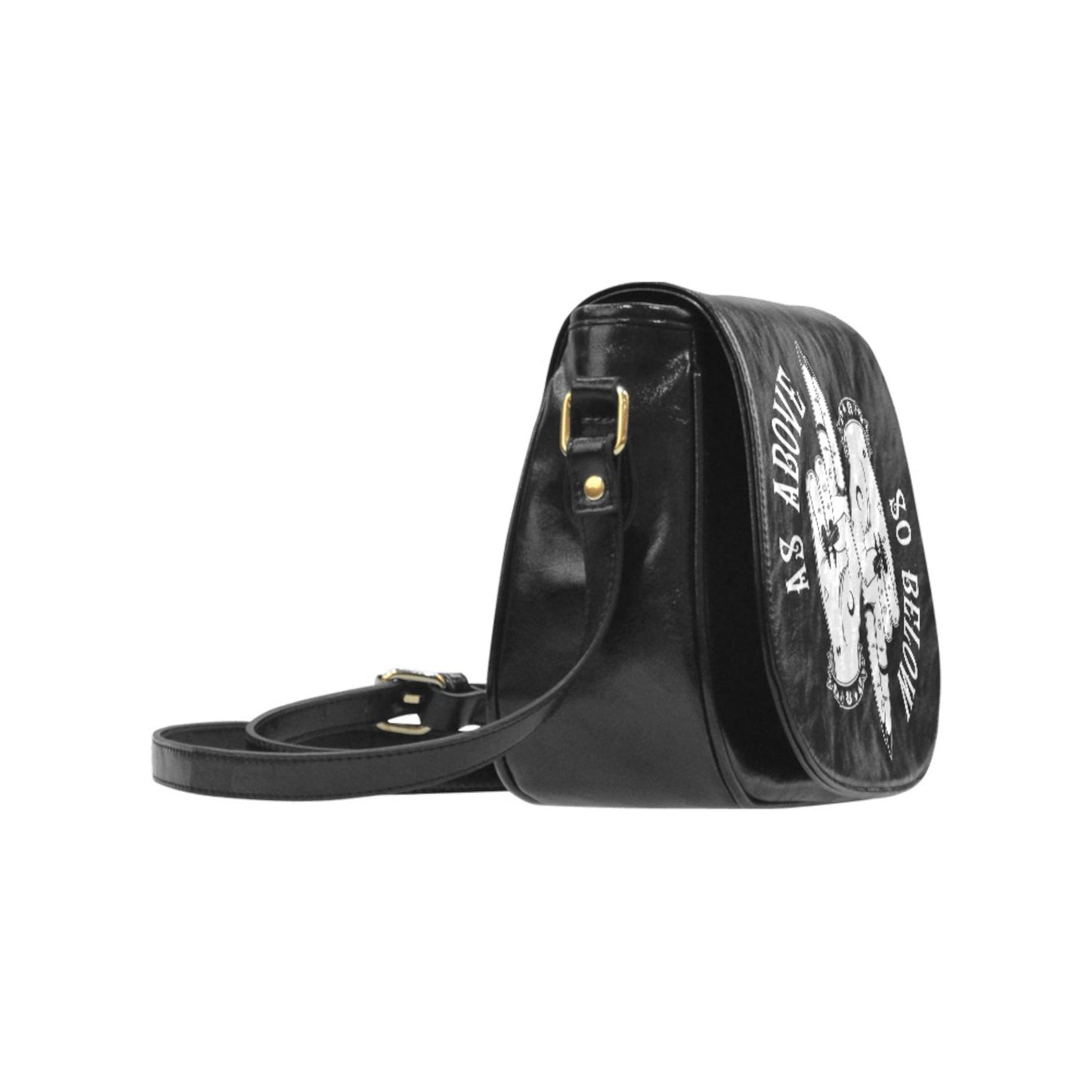 Black leather bag with branding on a white background