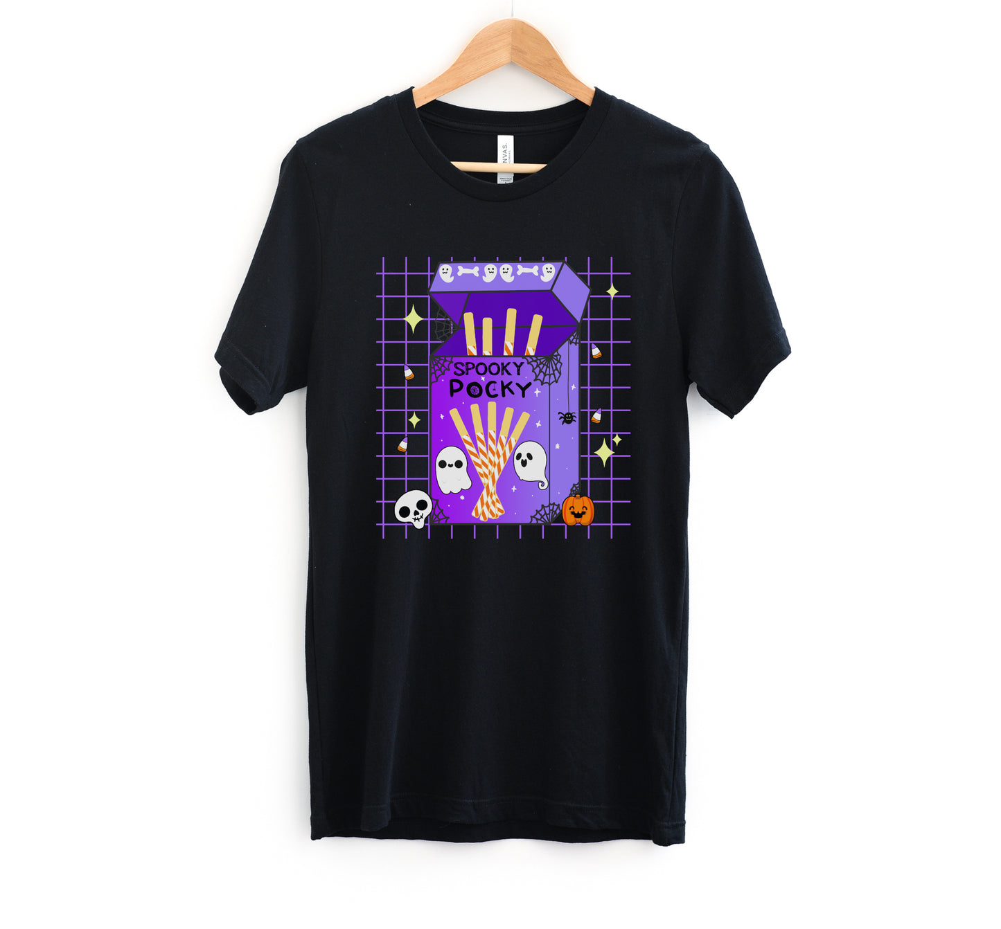 Black t-shirt with Halloween-themed Pocky packaging graphic on a white background