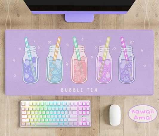 Pastel kawaii desk mat with charming motifs and cozy aesthetic