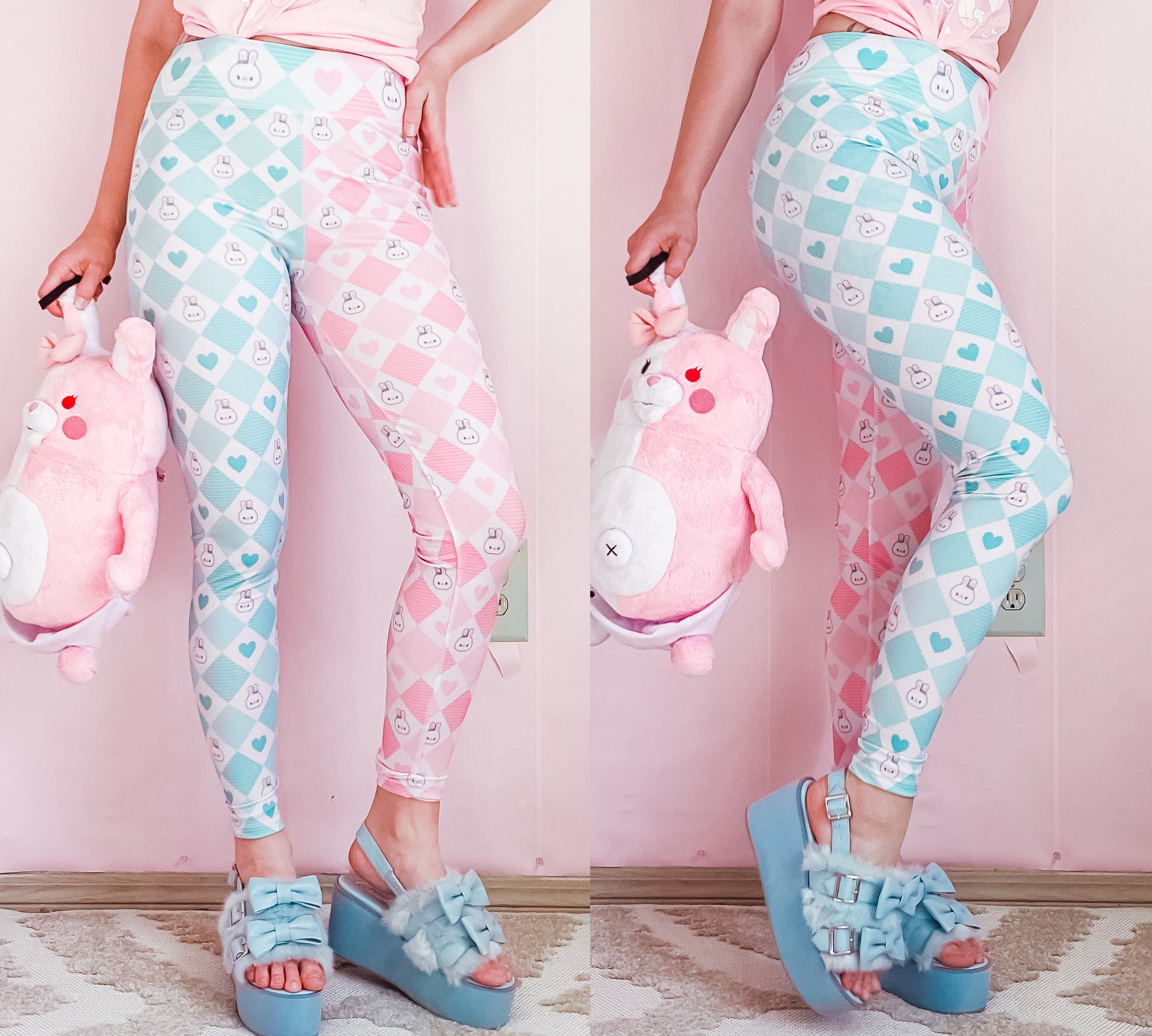 Youthful model wearing cute bunny kawaii leggings in pastel colours 