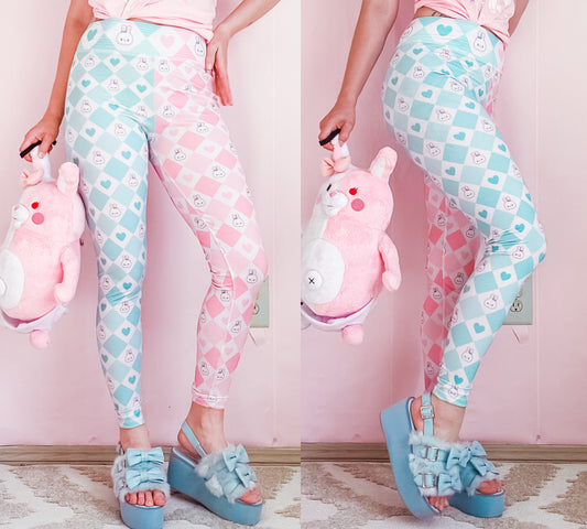 Youthful model wearing cute bunny kawaii leggings in pastel colours 