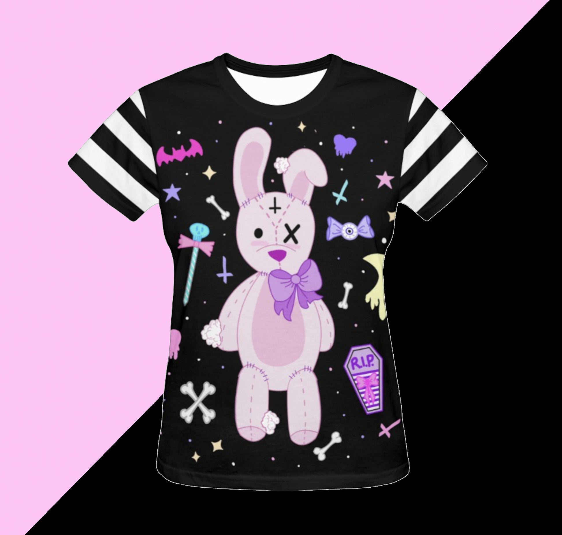 bunny kawaii pastel goth t-shirt displayed on pink and black background.