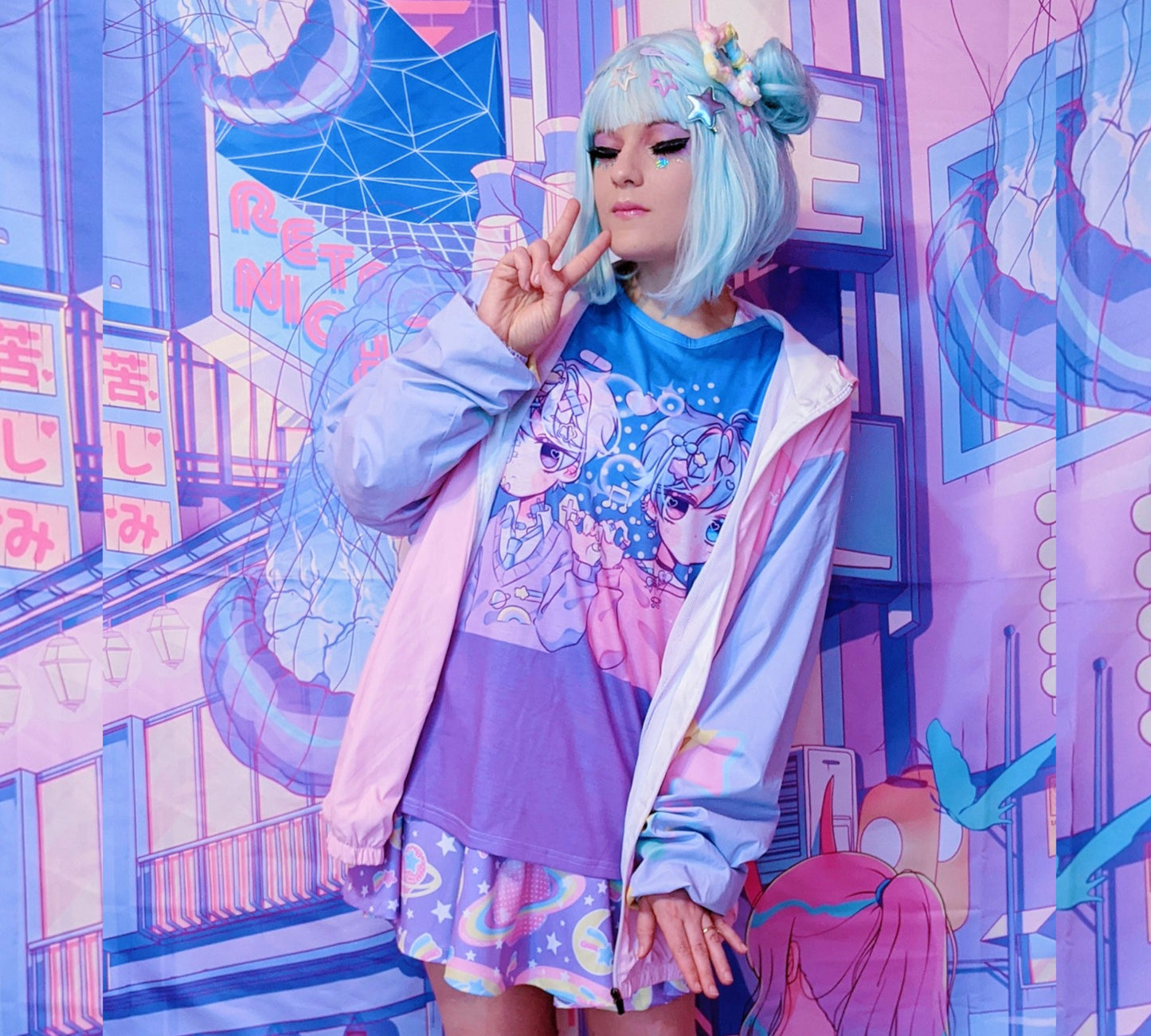 Teen girl in a kawaii graphic tee with yami kawaii chibi design