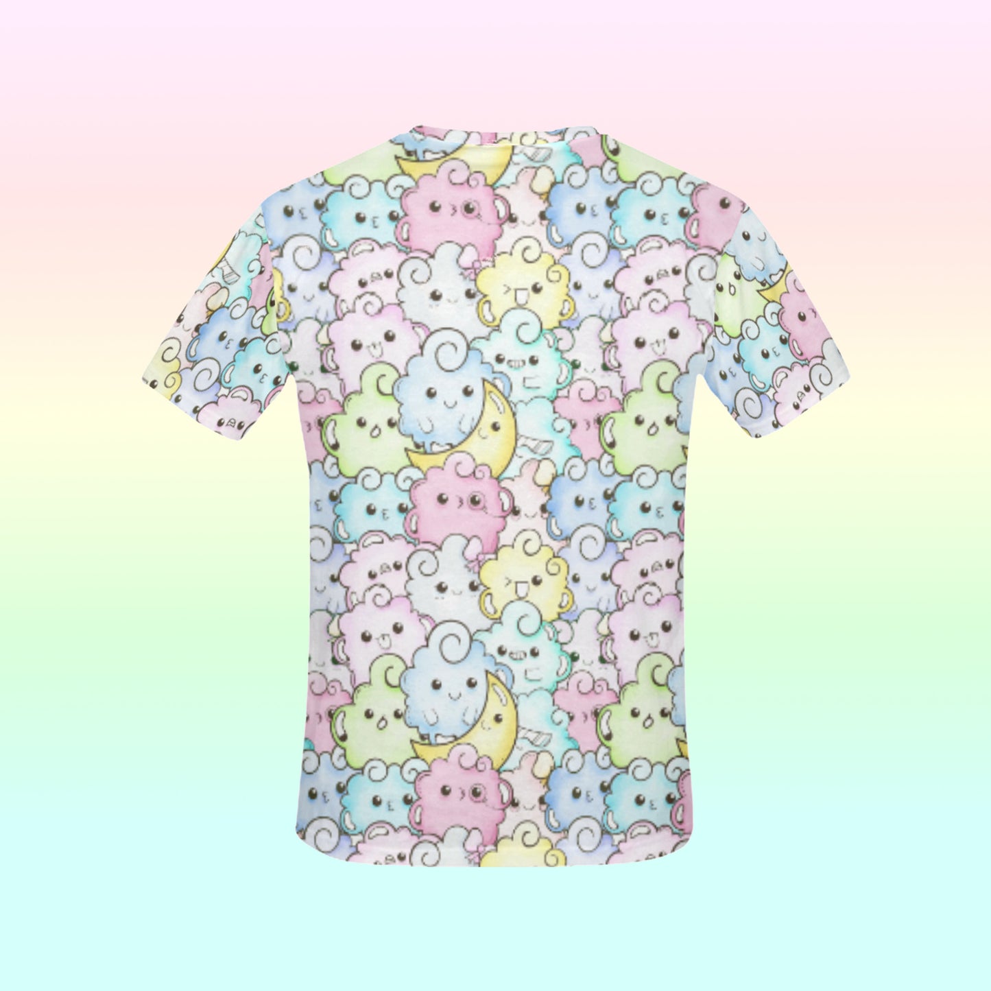back of multicolour pastel kawaii t-shirt displayed on pink background.