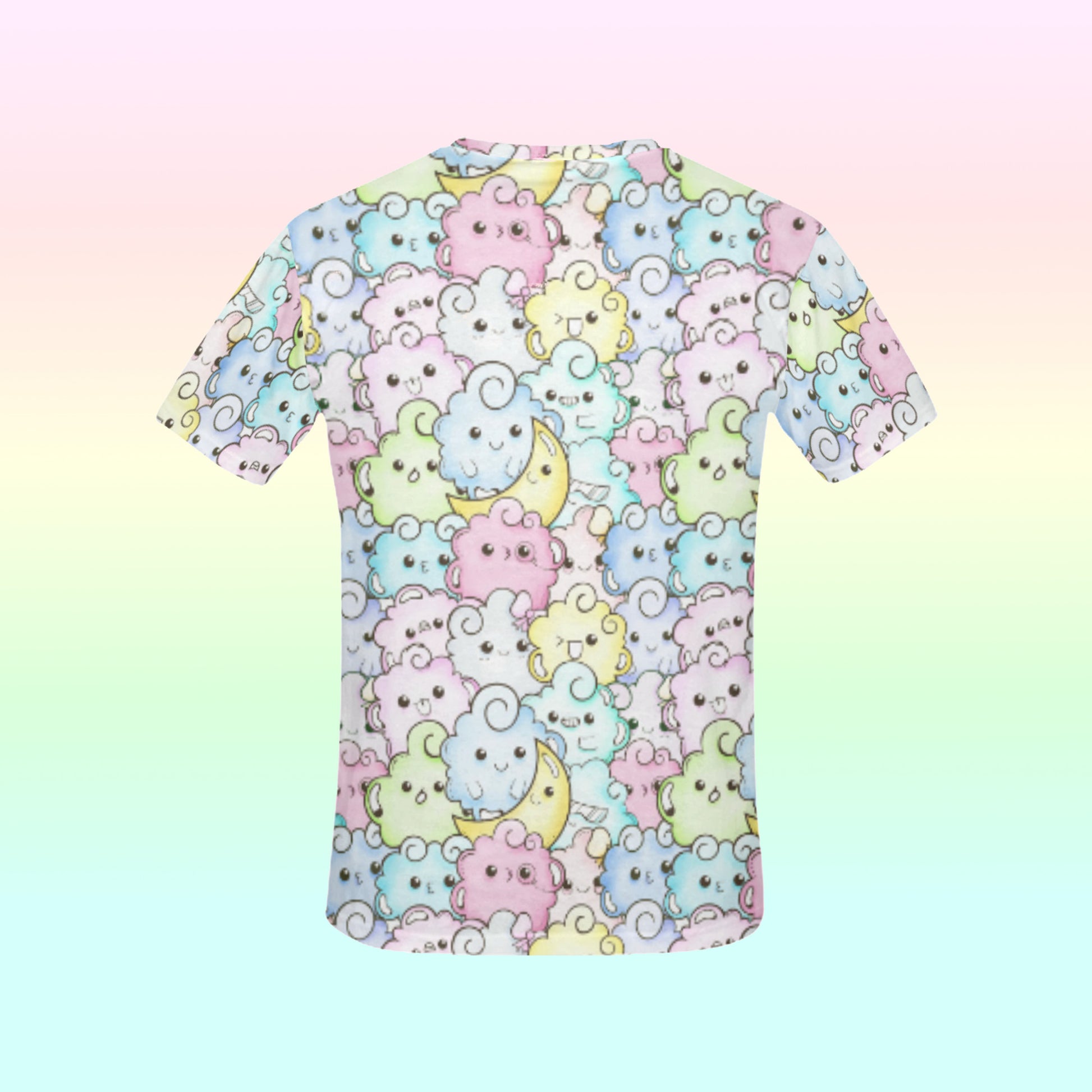 back of multicolour pastel kawaii t-shirt displayed on pink background.