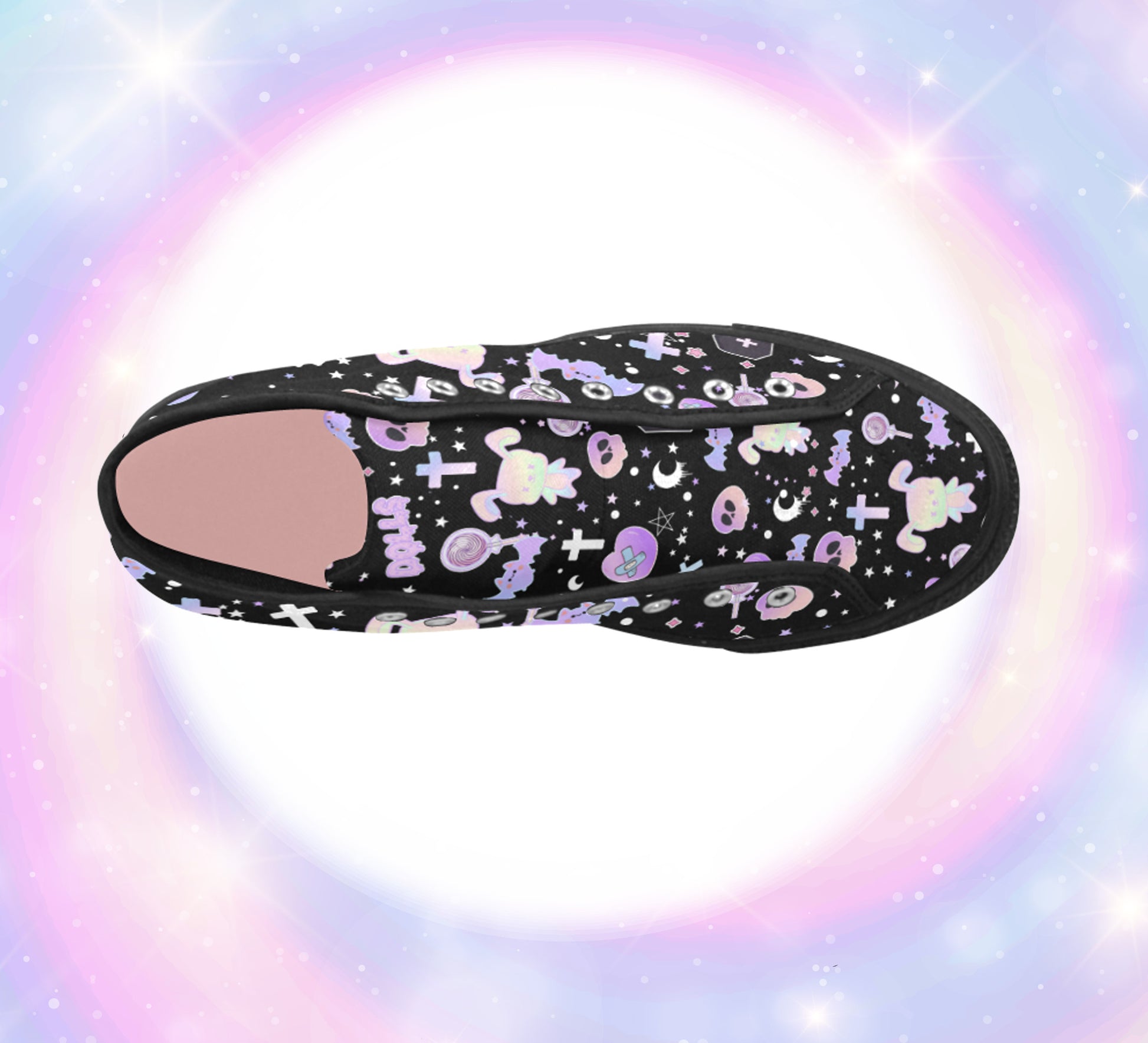 Close-up of cute pastel-colored shoes with decorative elements, displayed on a colourful background