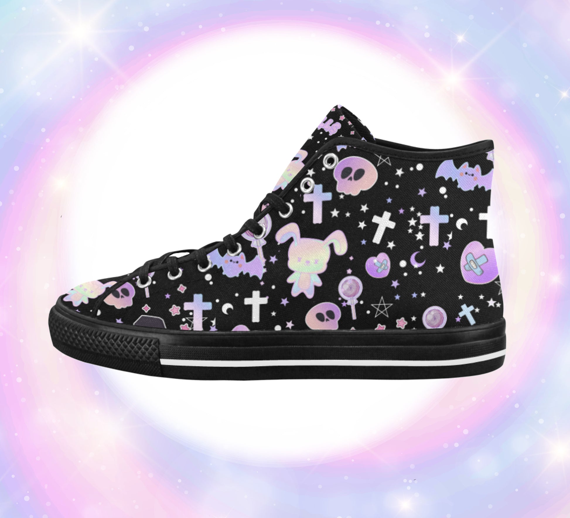 Close-up of cute pastel-colored shoes with decorative elements, displayed on a colourful background