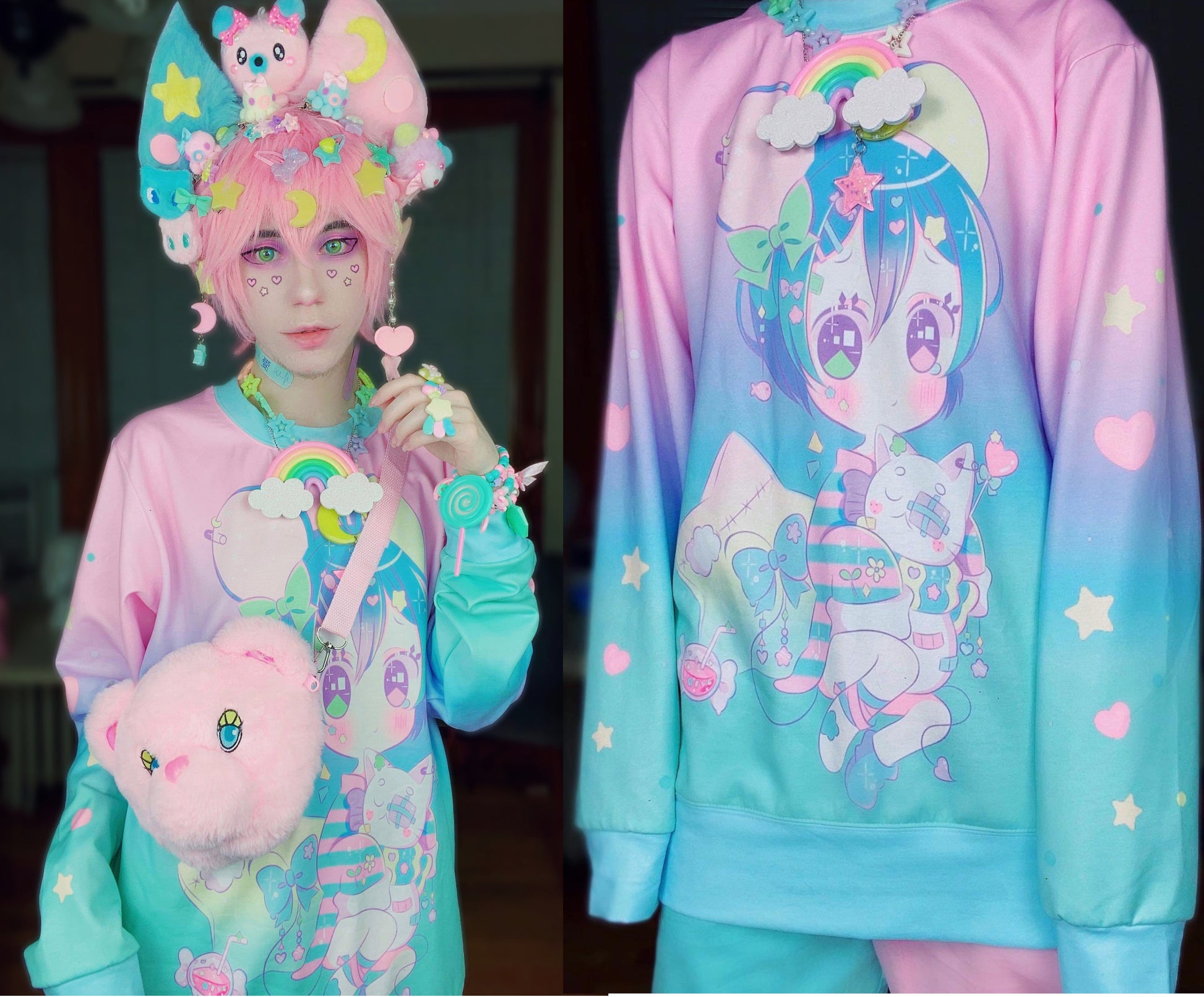Kawaii boy with pastel makeup wearing a kawaii sweatshirt and styled in soft pastel fashion.