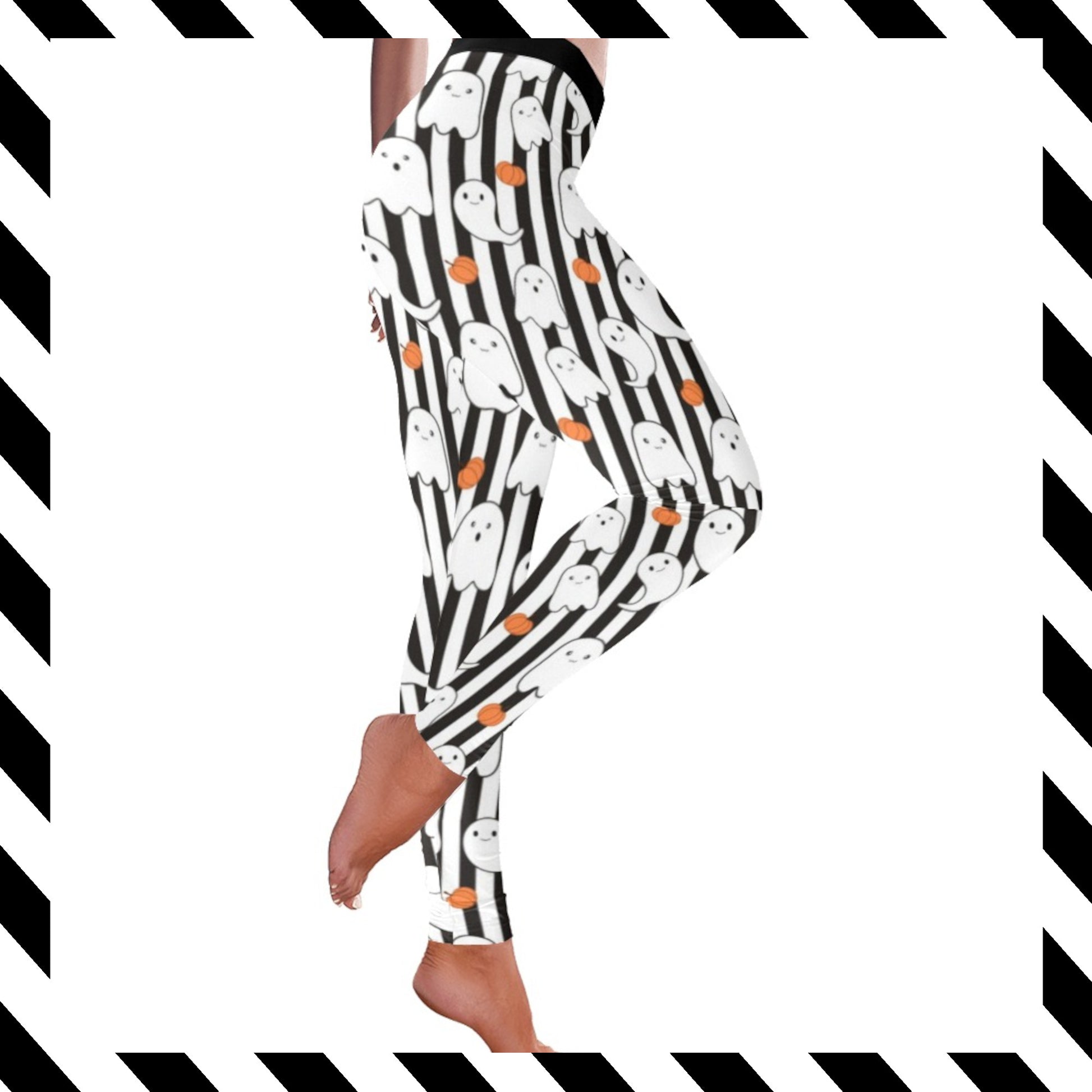 Leggings with ghost pattern on a black and white striped background