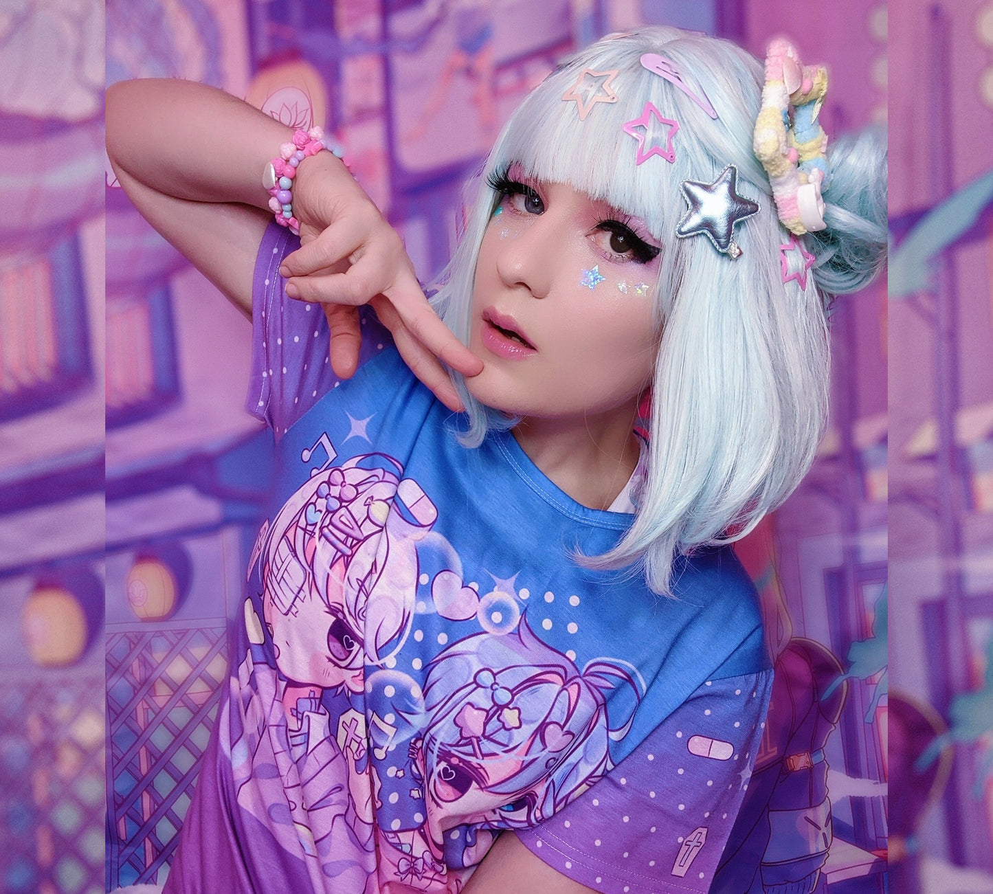 Teen girl in a kawaii graphic tee with yami kawaii chibi design