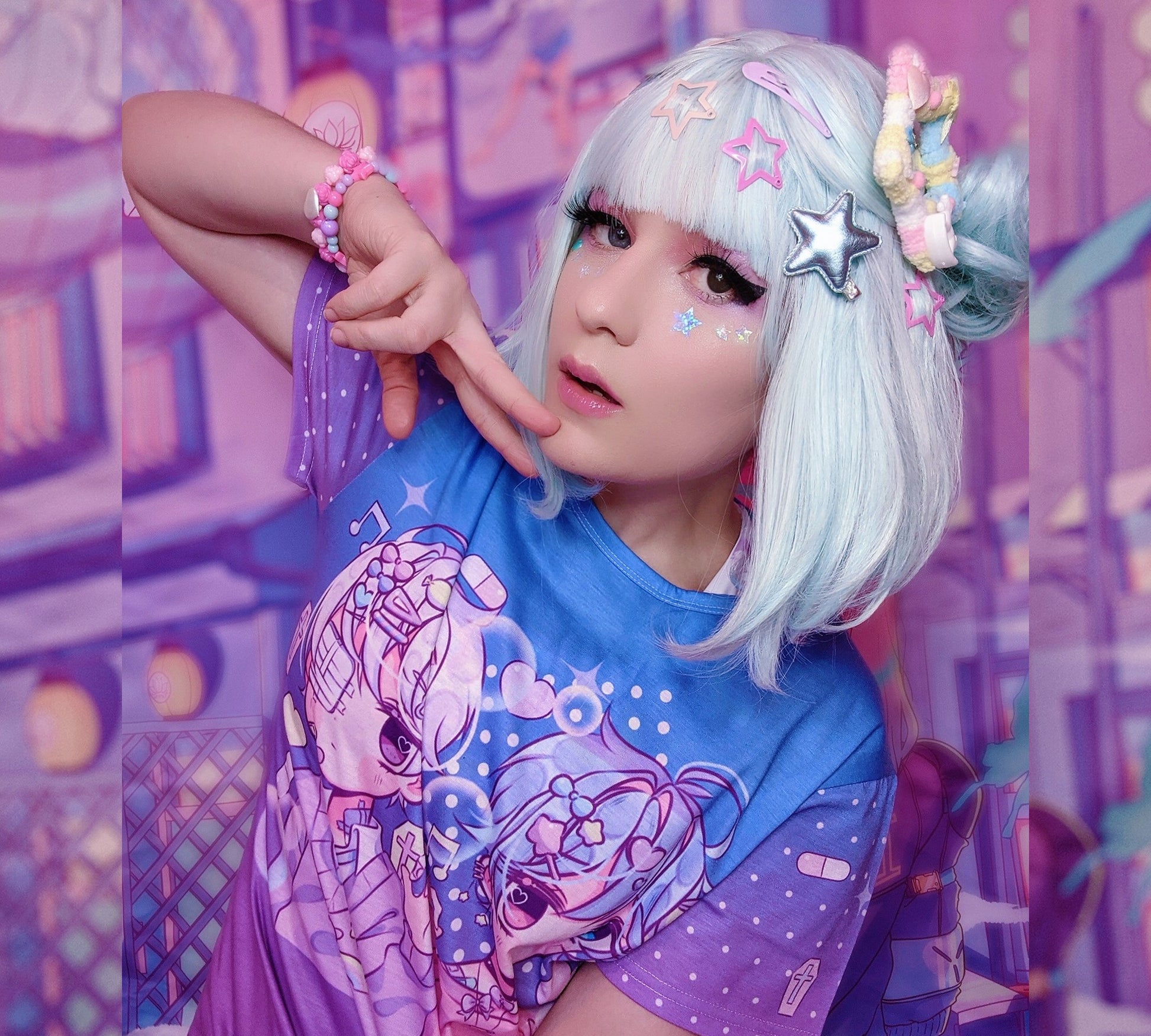 Teen girl in a kawaii graphic tee with yami kawaii chibi design