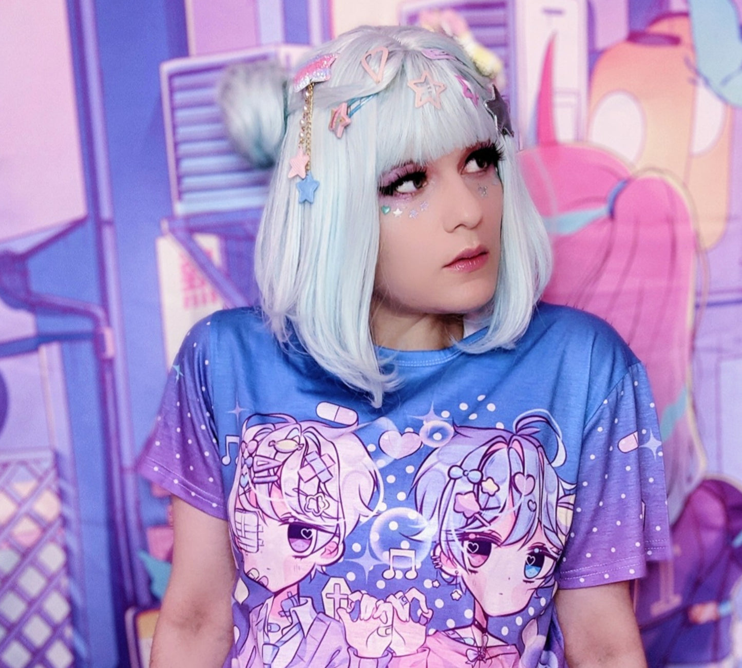 Teen girl in a kawaii graphic tee with yami kawaii chibi design