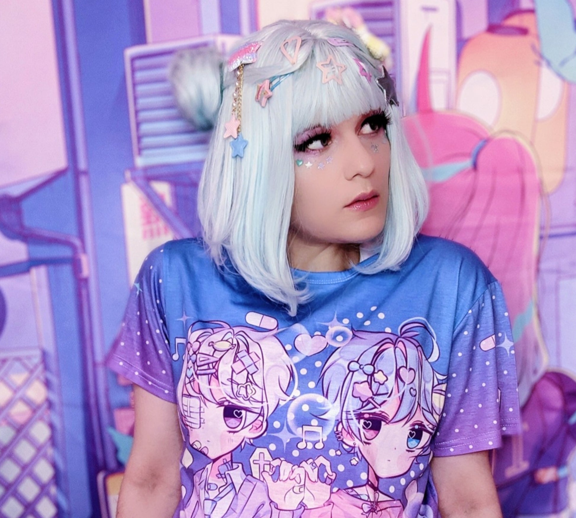 Teen girl in a kawaii graphic tee with yami kawaii chibi design