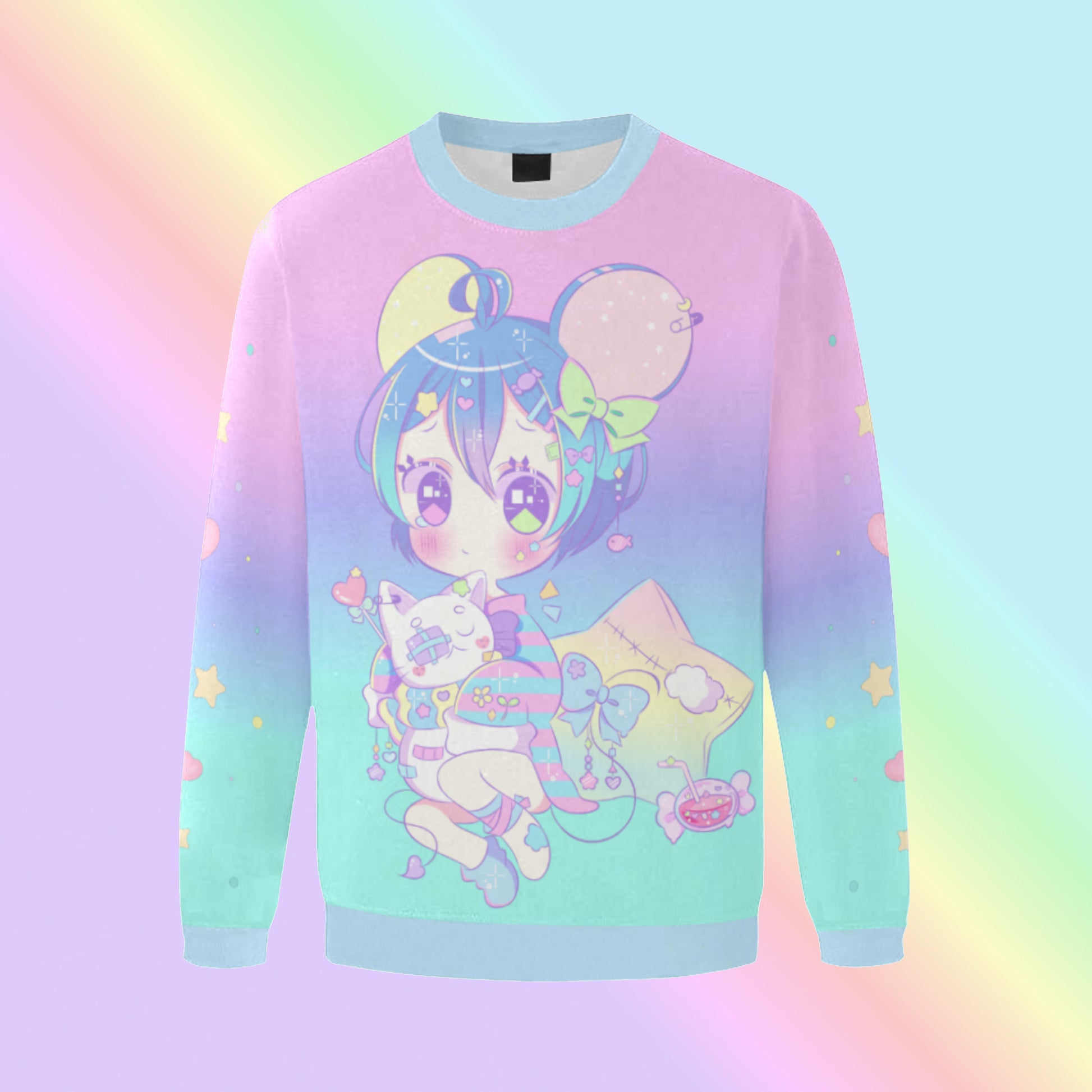 Yami kawaii sweatshirt with chibi print on rainbow background.