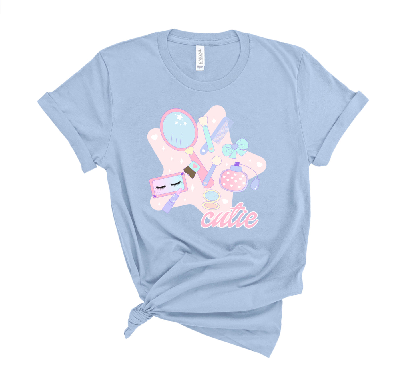 blue pastel kawaii t-shirt displayed on clean white background.