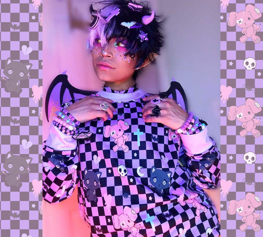 Youthful model wearing a cute Fairy Kei Yume Kawaii Chibi Sweatshirt 