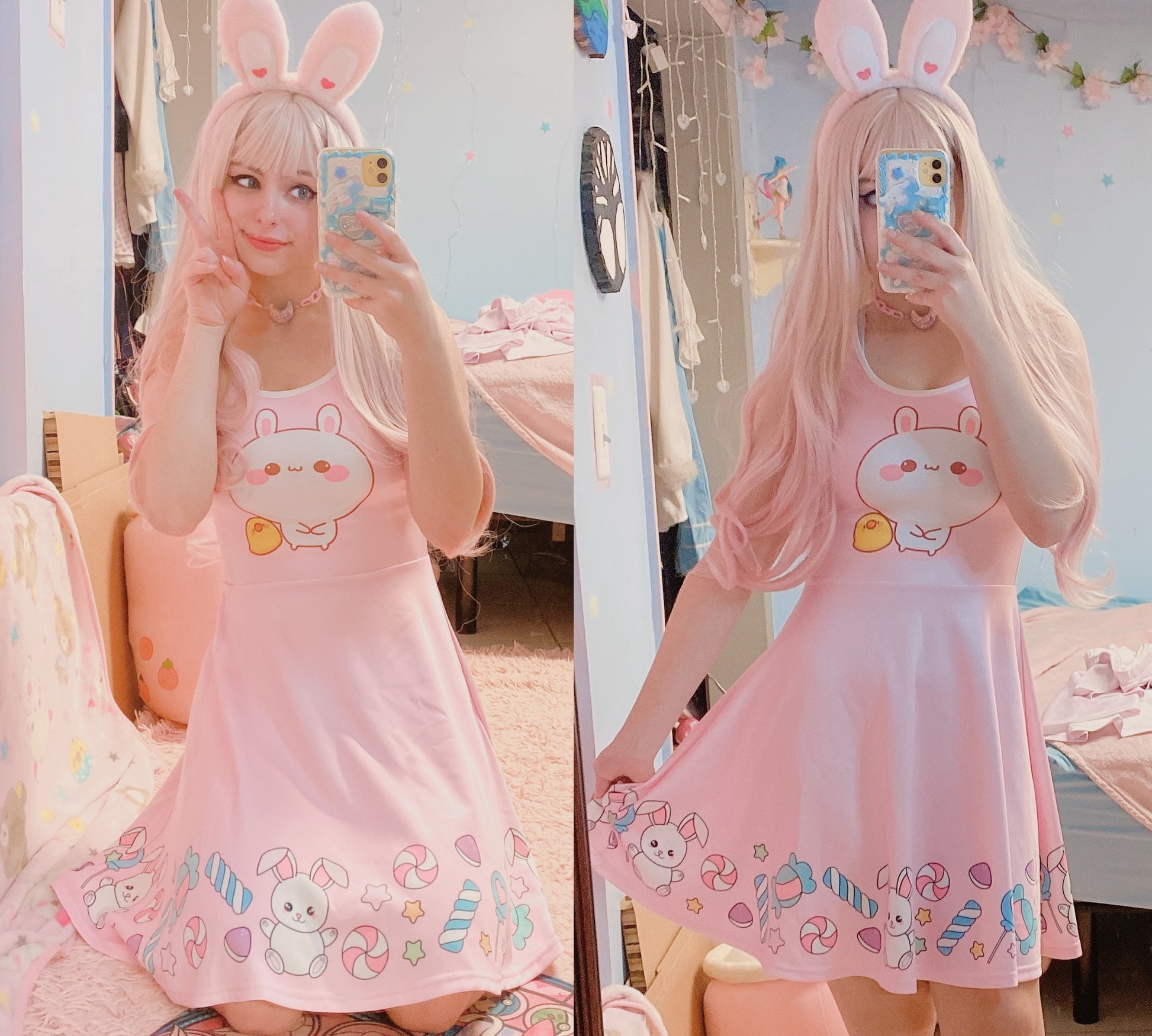 young model wearing a cute fairy kei Kawaii bunny skater dress