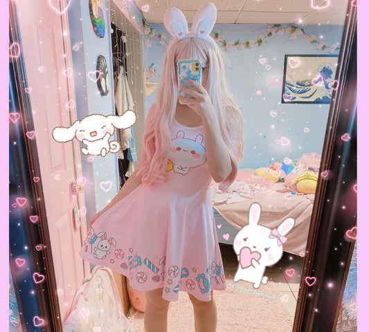 young model wearing a cute fairy kei Kawaii bunny skater dress