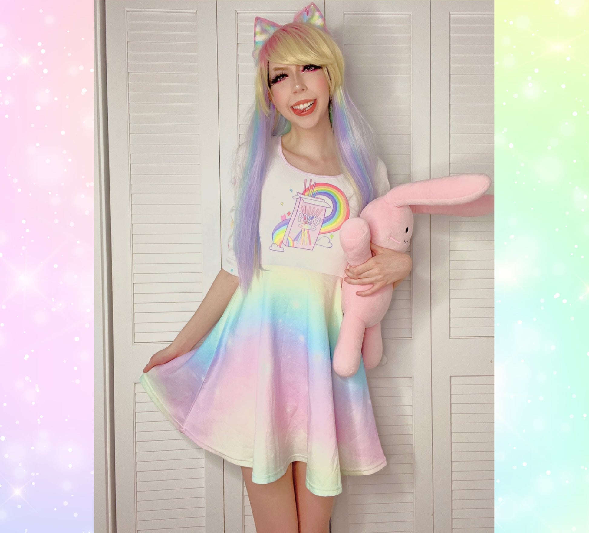 young model wearing fairy kei Kawai pocky rainbow long sleeves dress