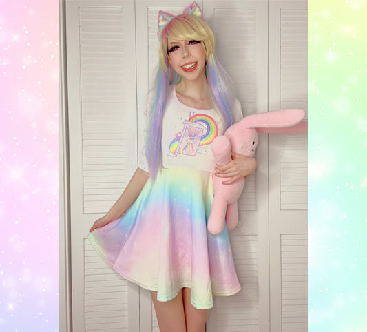 young model wearing fairy kei Kawai pocky rainbow long sleeves dress