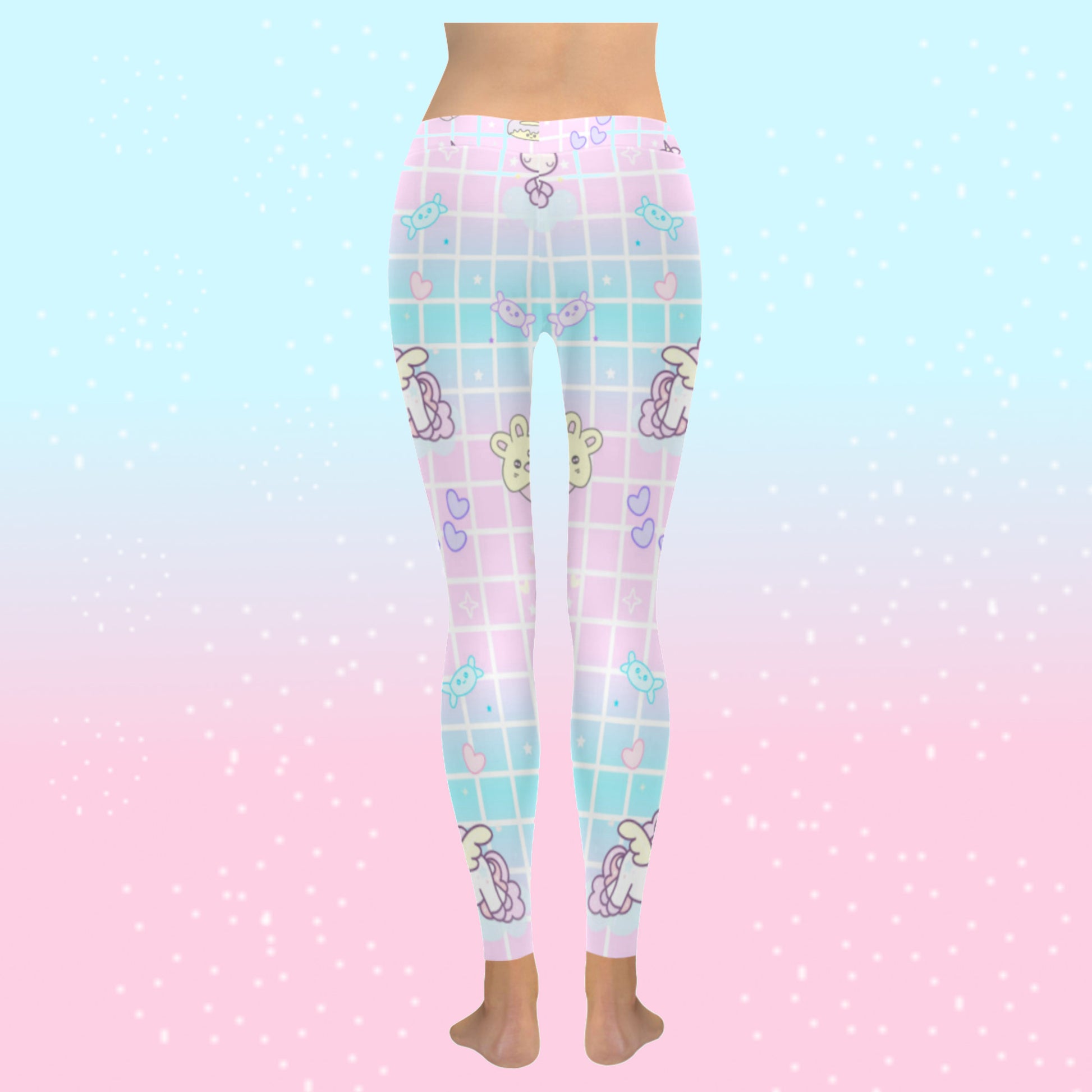 model wearing cute unicorn kawaii leggings on pink and blue background