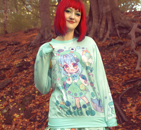 Young girl wearing a pastel kawaii t-shirt with a cute print, smiling outdoor