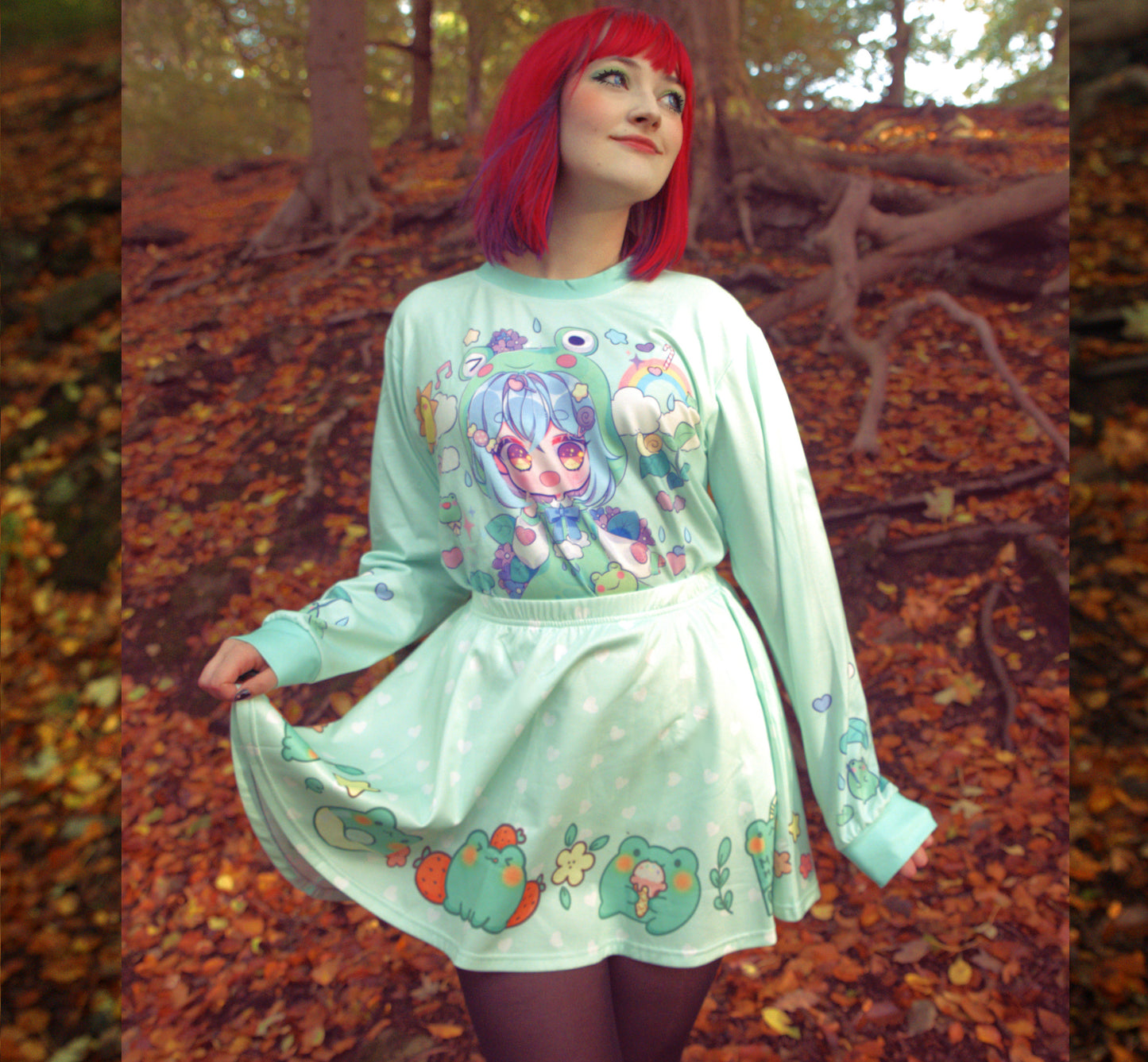 Young girl wearing a pastel kawaii t-shirt with a cute print, smiling outdoor