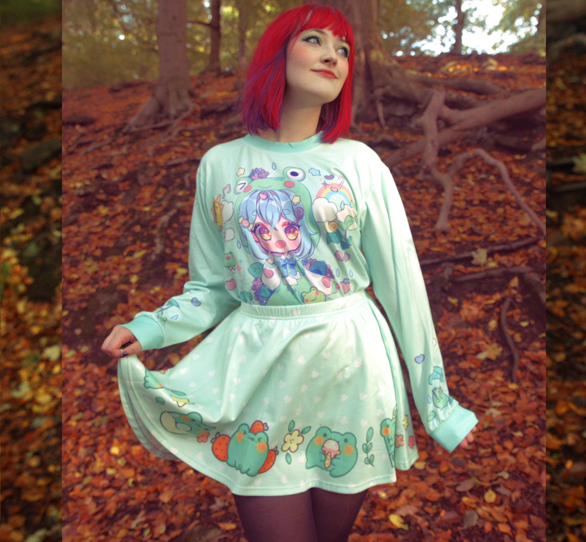 Young girl wearing a pastel kawaii t-shirt with a cute print, smiling outdoor